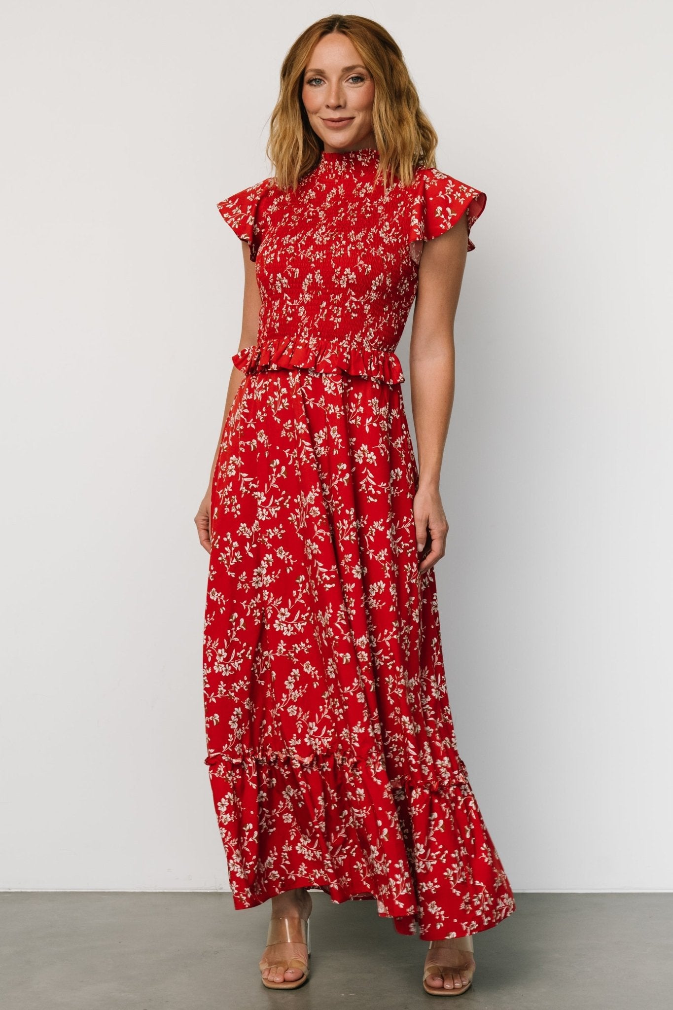 Red Floral Maxi Dress with Ruffles & Smocked Bodice | Baltic Born