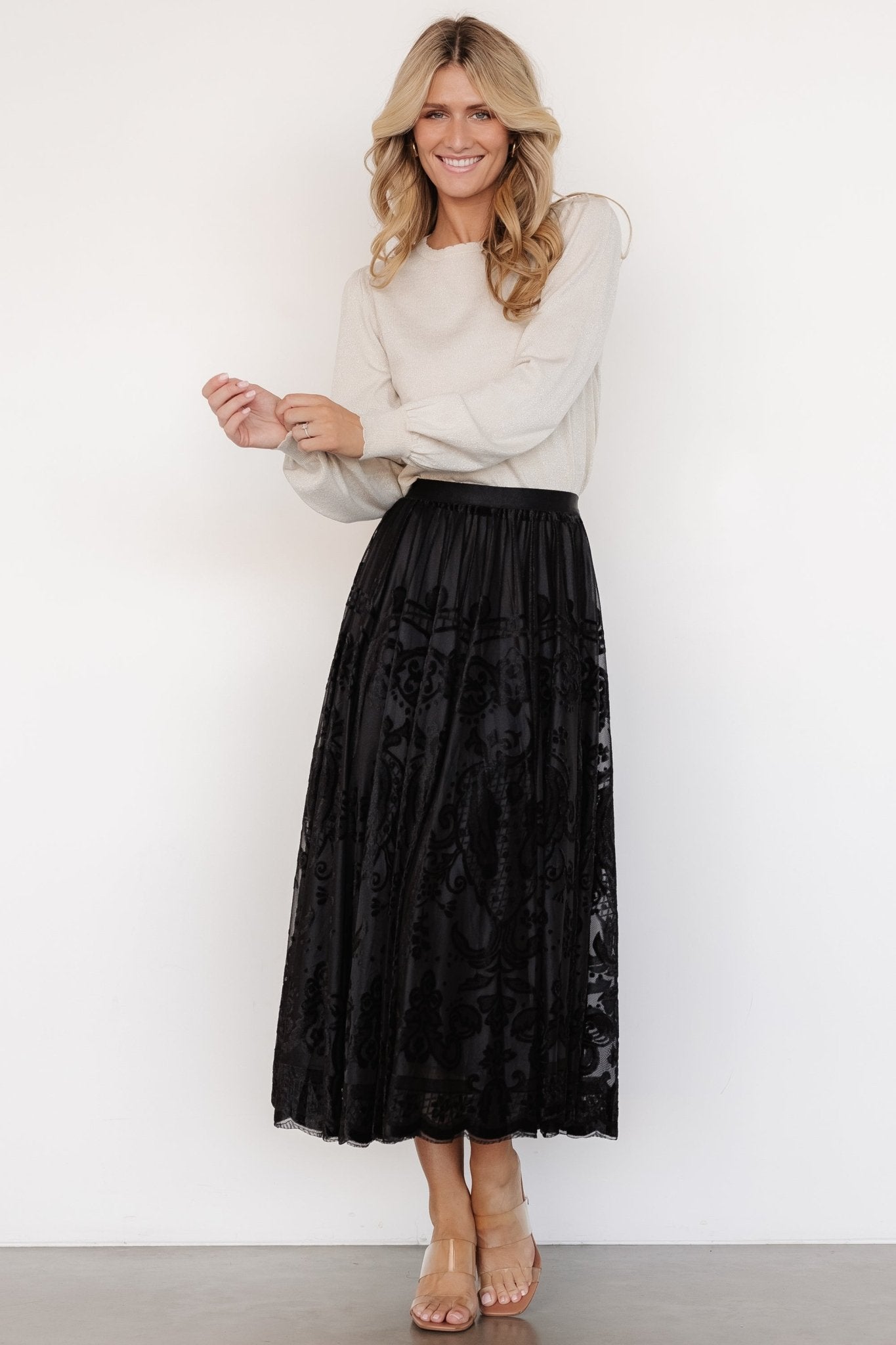 Black Velvet Midi Skirt with Elastic Waistband | Palini