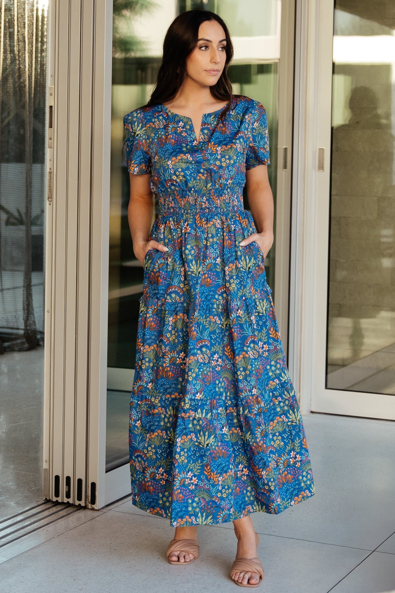 Cobalt Blue Floral Maxi Dress with Pockets & Smocked Waist | Baltic Born