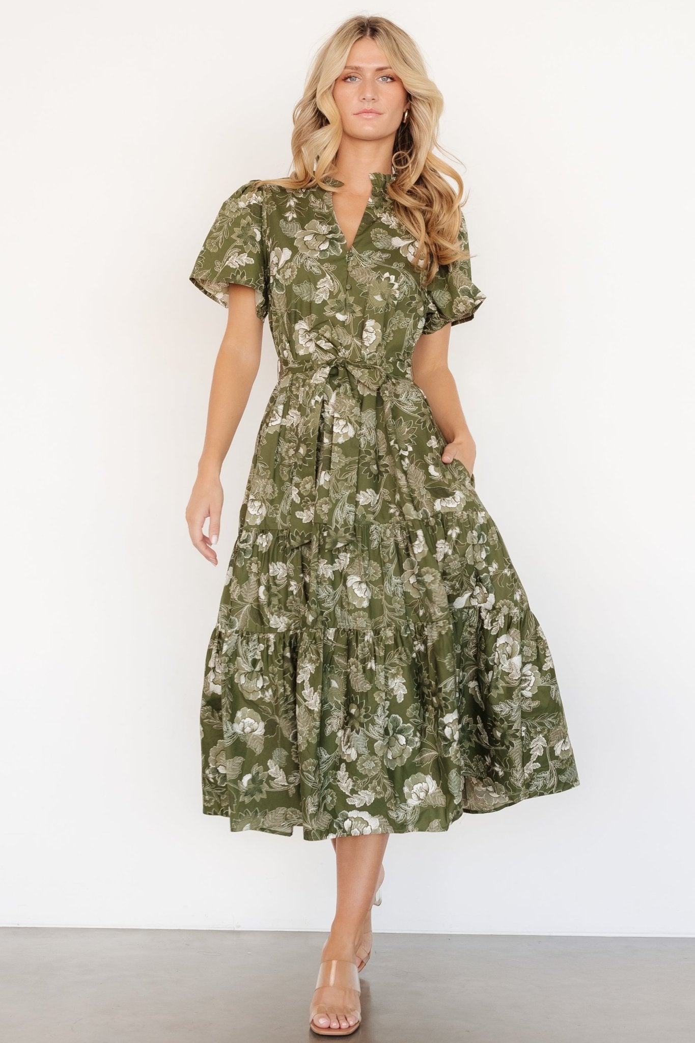 Floral Midi Dress with Pockets & Waist Sash | Adara Olive