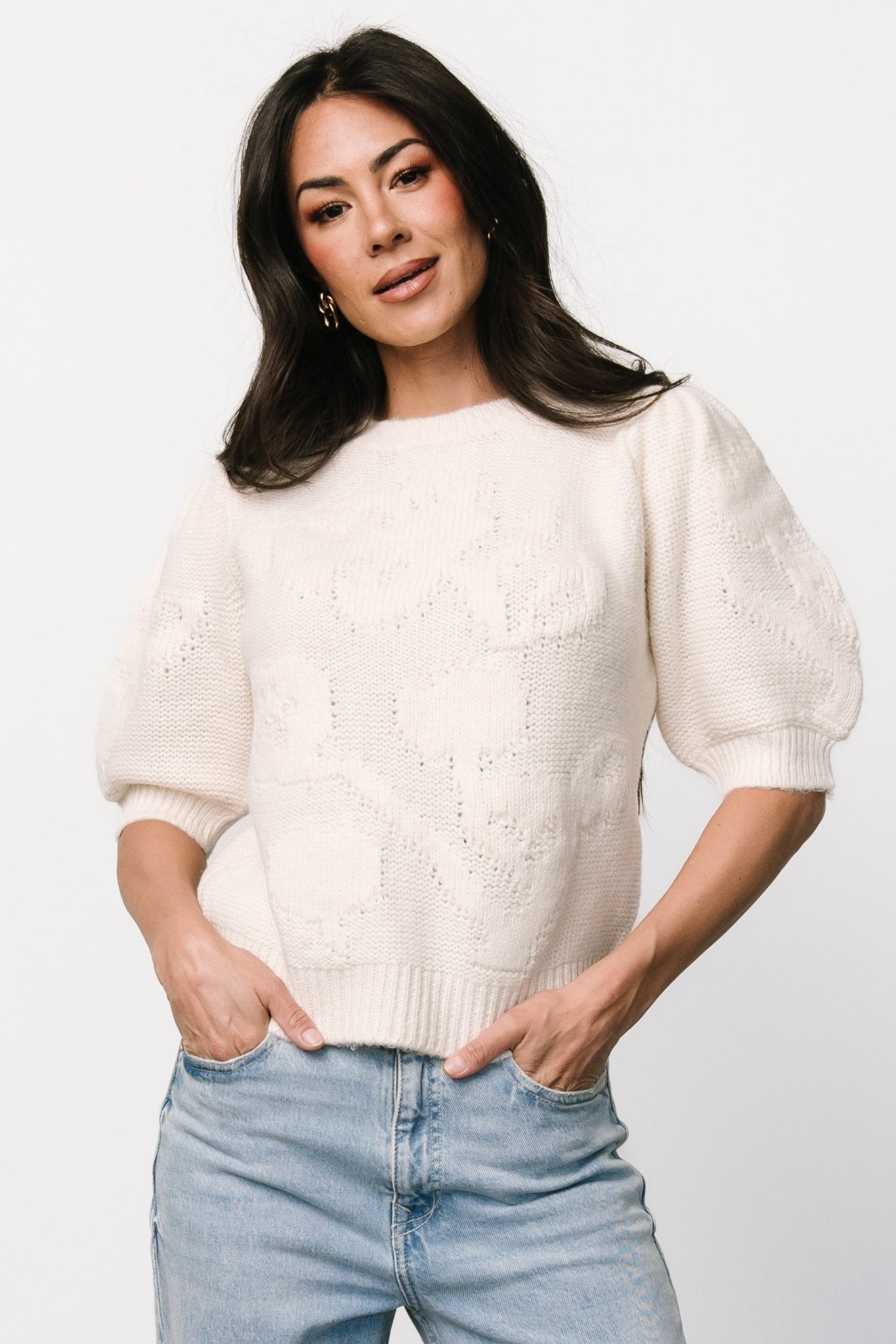 Cream Knit Sweater Top with Floral Stitching & Ribbed Detailing | Pamela