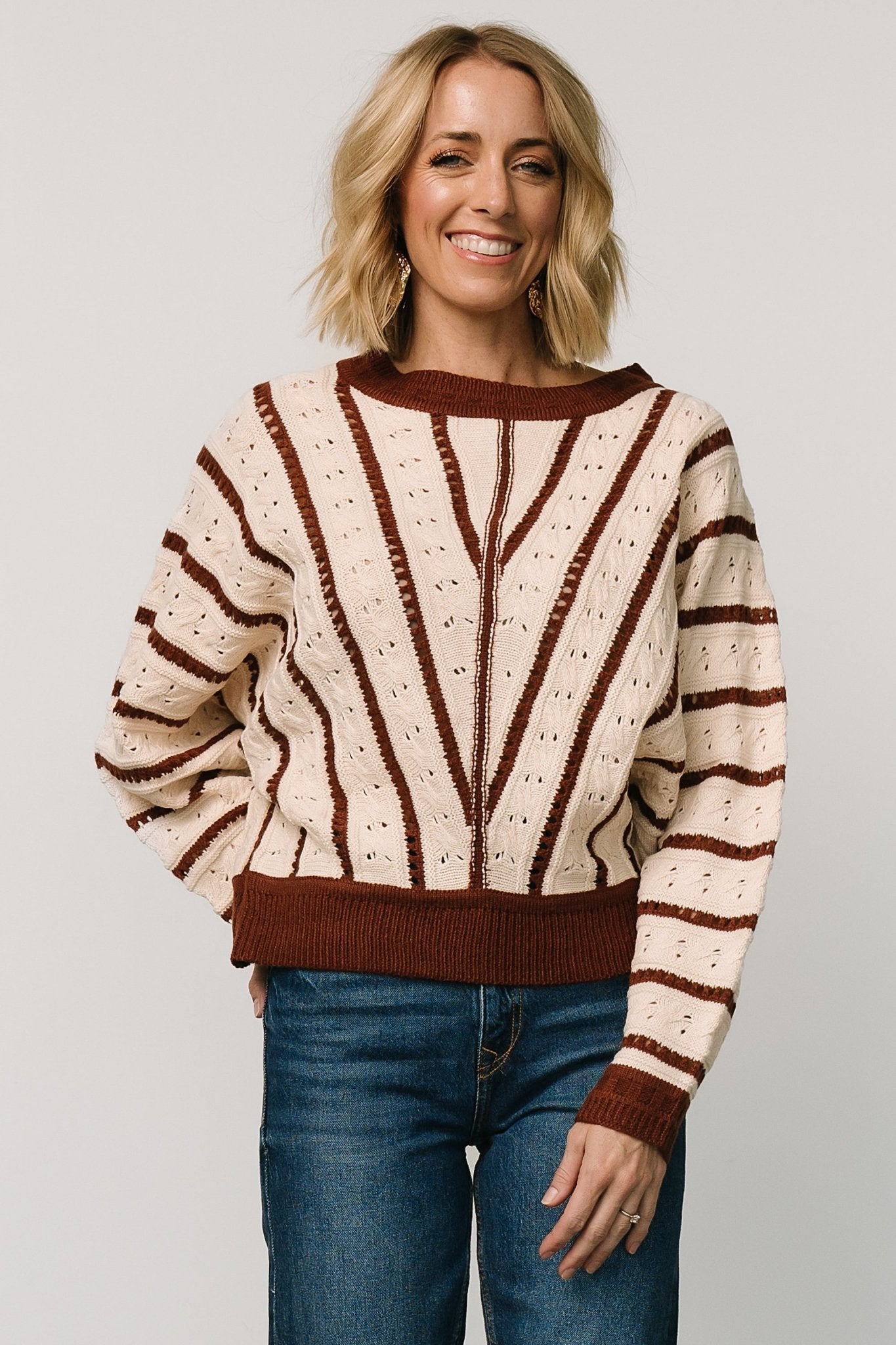 Cream Pointelle Knit Sweater with Copper Accents | Paola