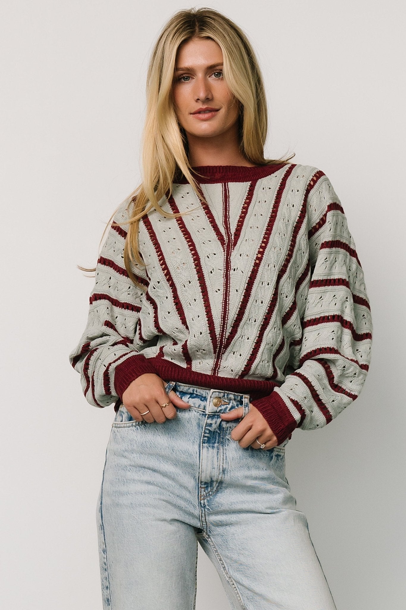 Pointelle Knit Sweater with Diagonal Stripes | Light Blue & Burgundy