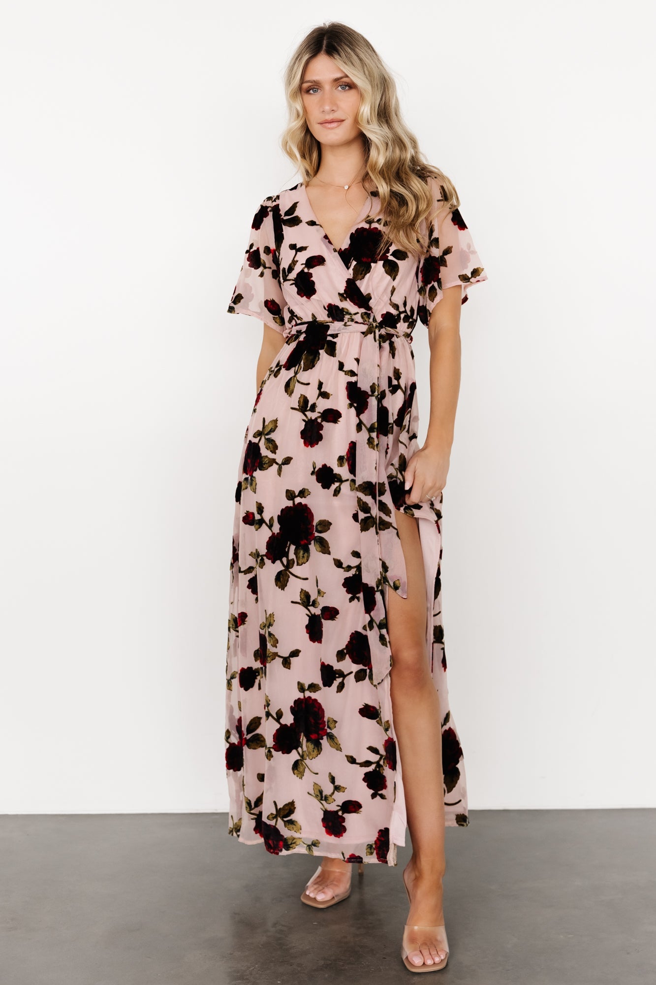 Velvet Maxi Dress with Floral Print & Slit | Baltic Born