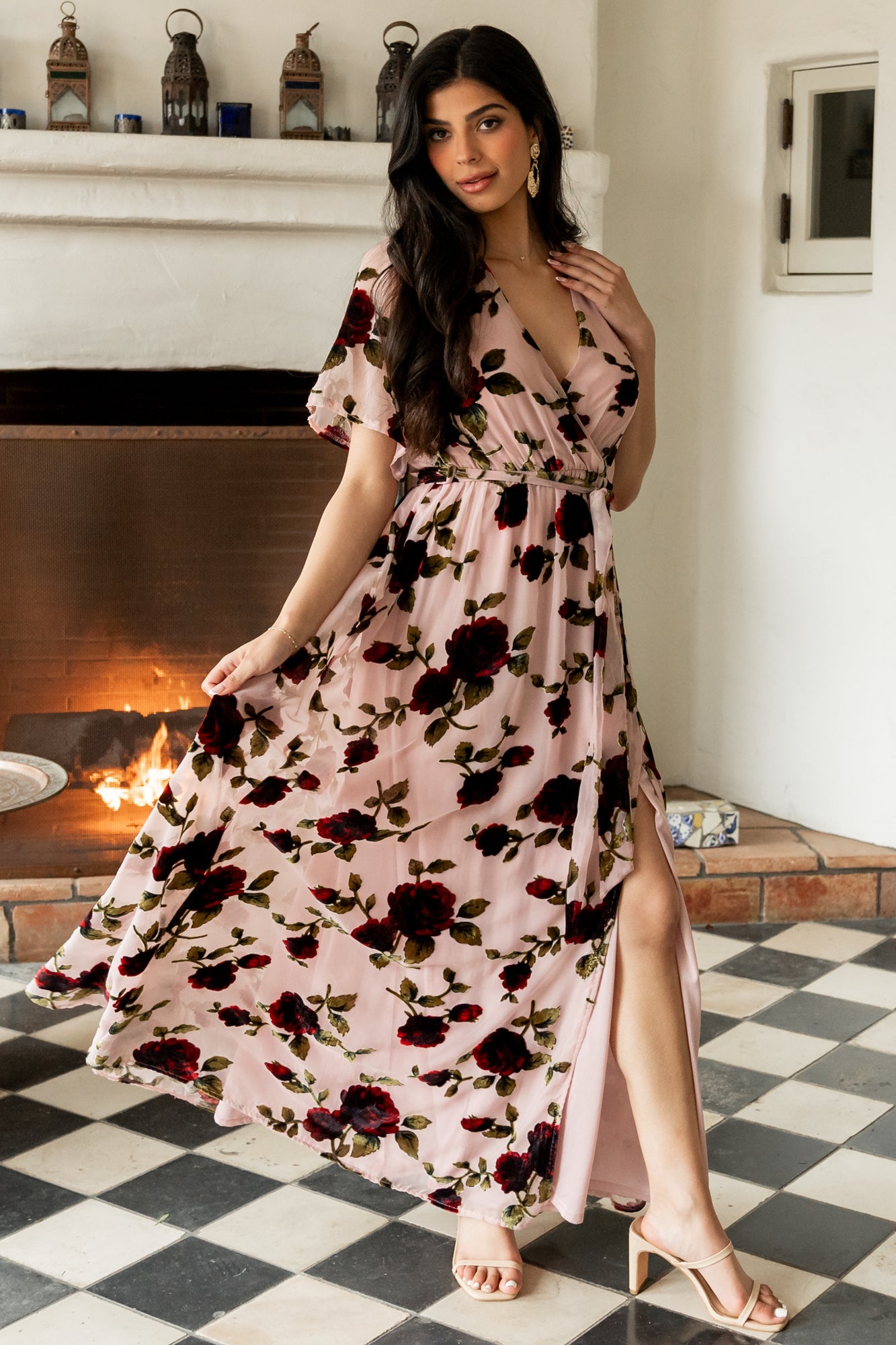 Velvet Maxi Dress with Floral Print & Slit | Baltic Born
