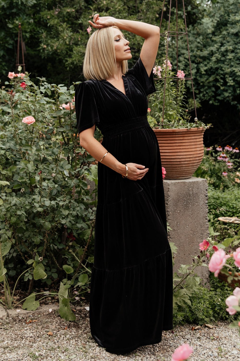 Black Velvet Maxi Dress with V-Neck & Flutter Sleeves | Artemis