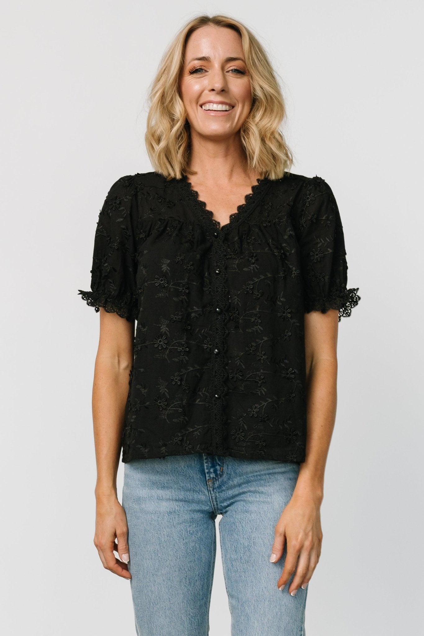 Floral Embroidered Cotton Top with V-Neck & Lace Detail | Baltic Born