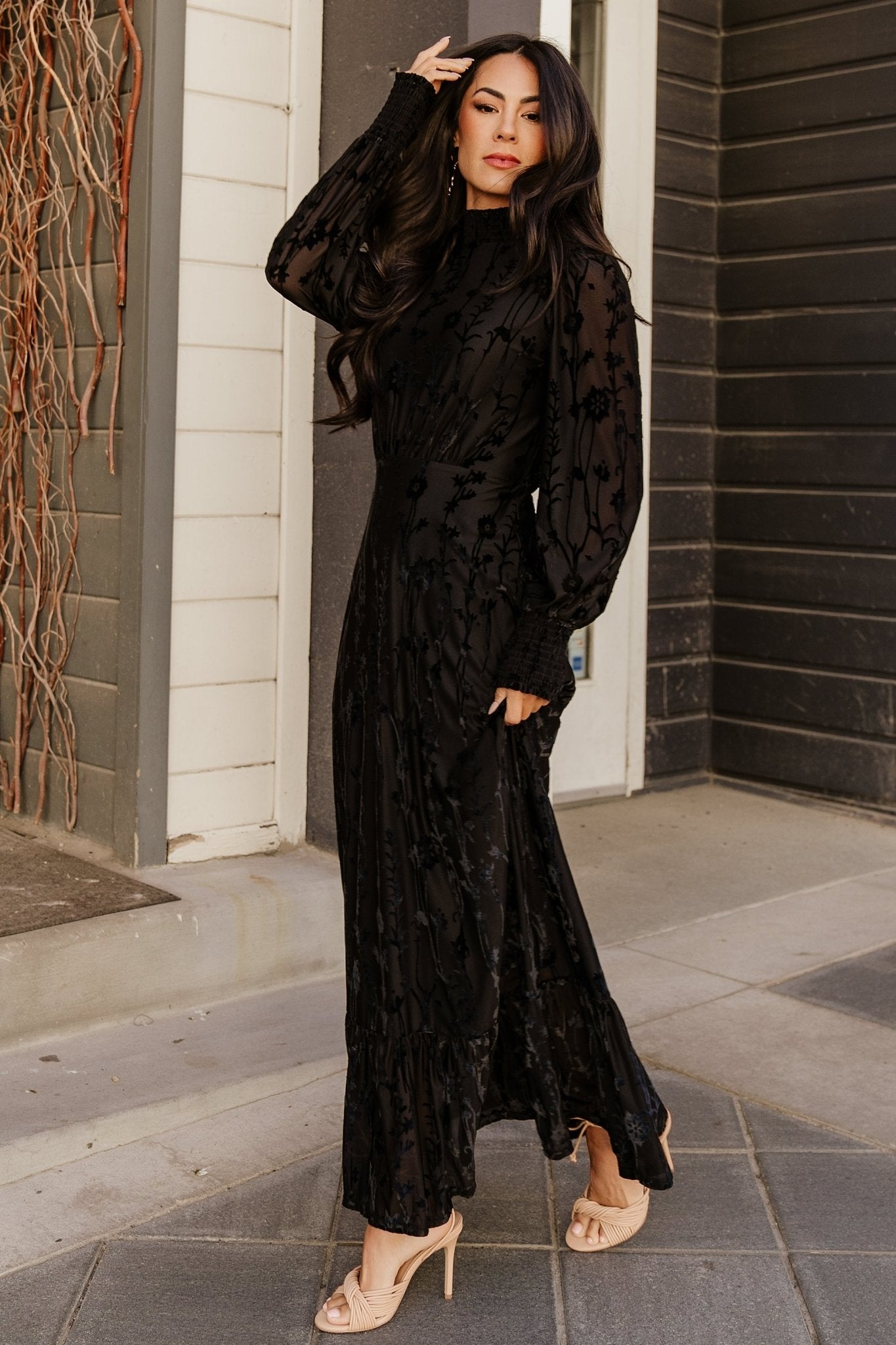 Black Velvet Maxi Dress with Floral Print & Smocked Details | Baltic Born