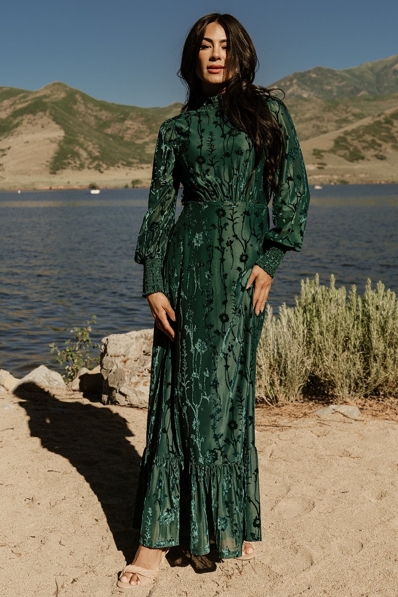 Velvet Maxi Dress with Floral Print & Smocked Neckline | Baltic Born