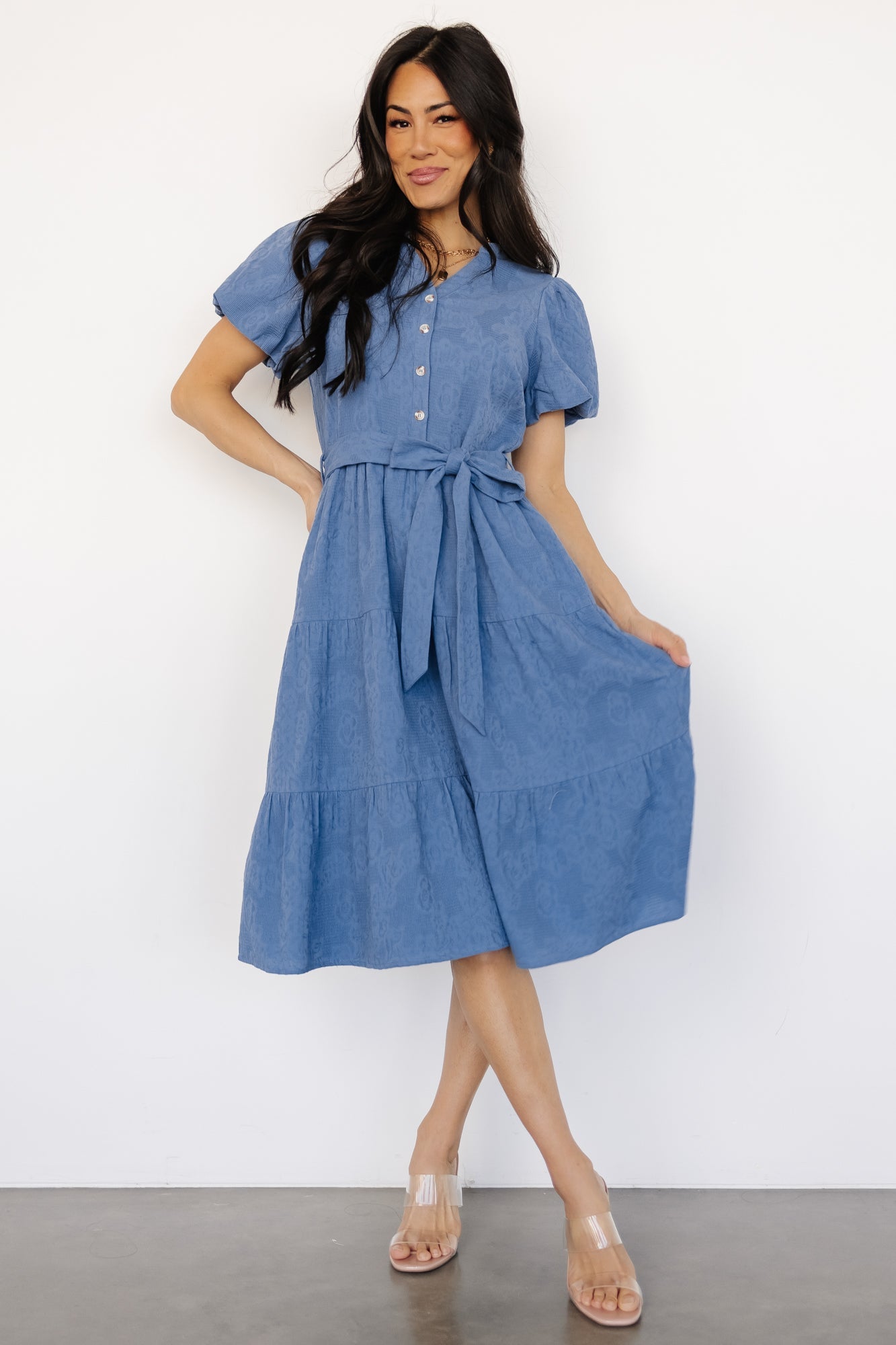 Blue Jacquard Midi Dress with Balloon Sleeves & Pockets | Philippa