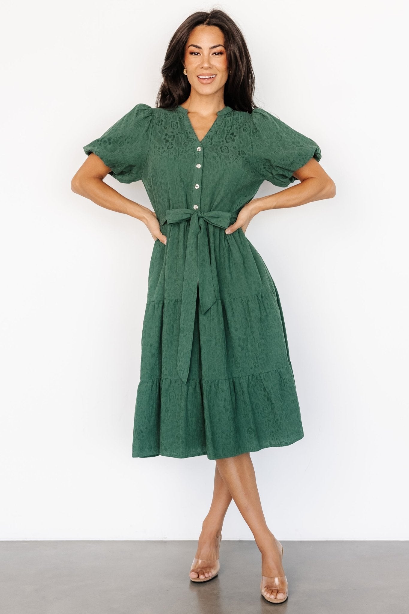Green Jacquard Midi Dress with Pockets & Balloon Sleeves | Philippa