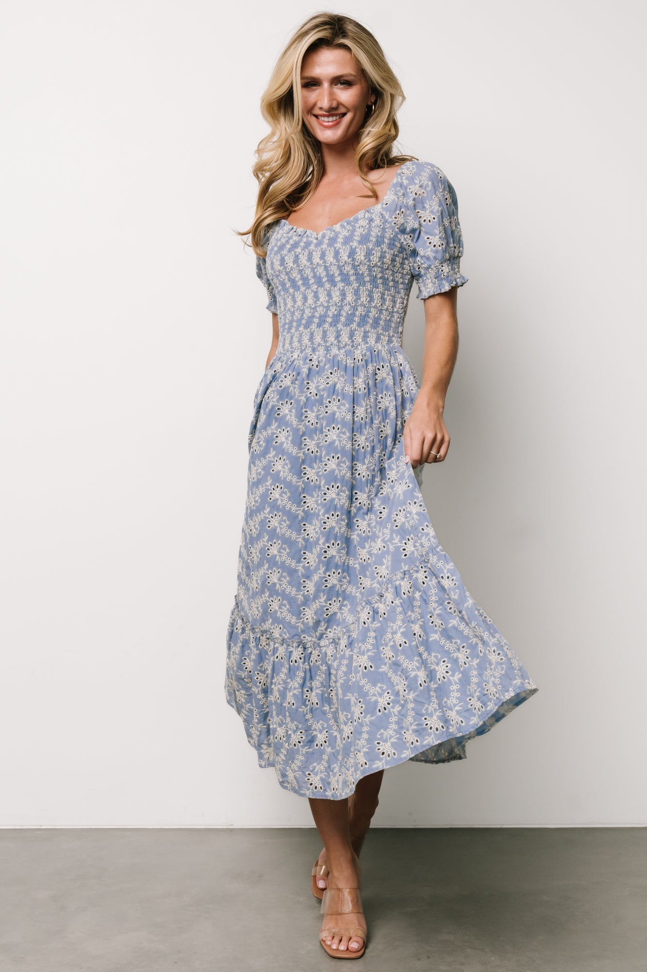 Floral Eyelet Midi Dress with Smocked Bodice | Baltic Born