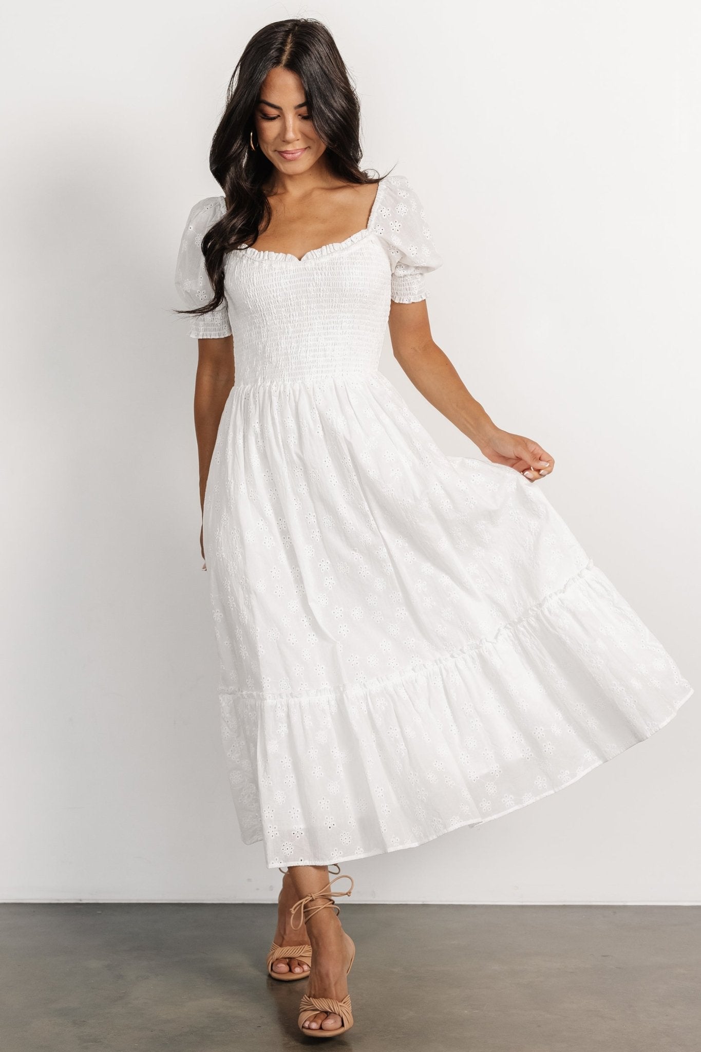 Eyelet Midi Dress with Smocked Bodice & Ruffles | Off White