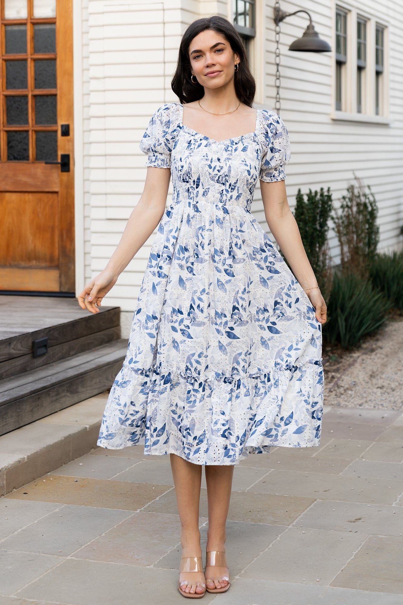 Floral Eyelet Midi Dress with Smocked Bodice & Ruffles | Baltic Born