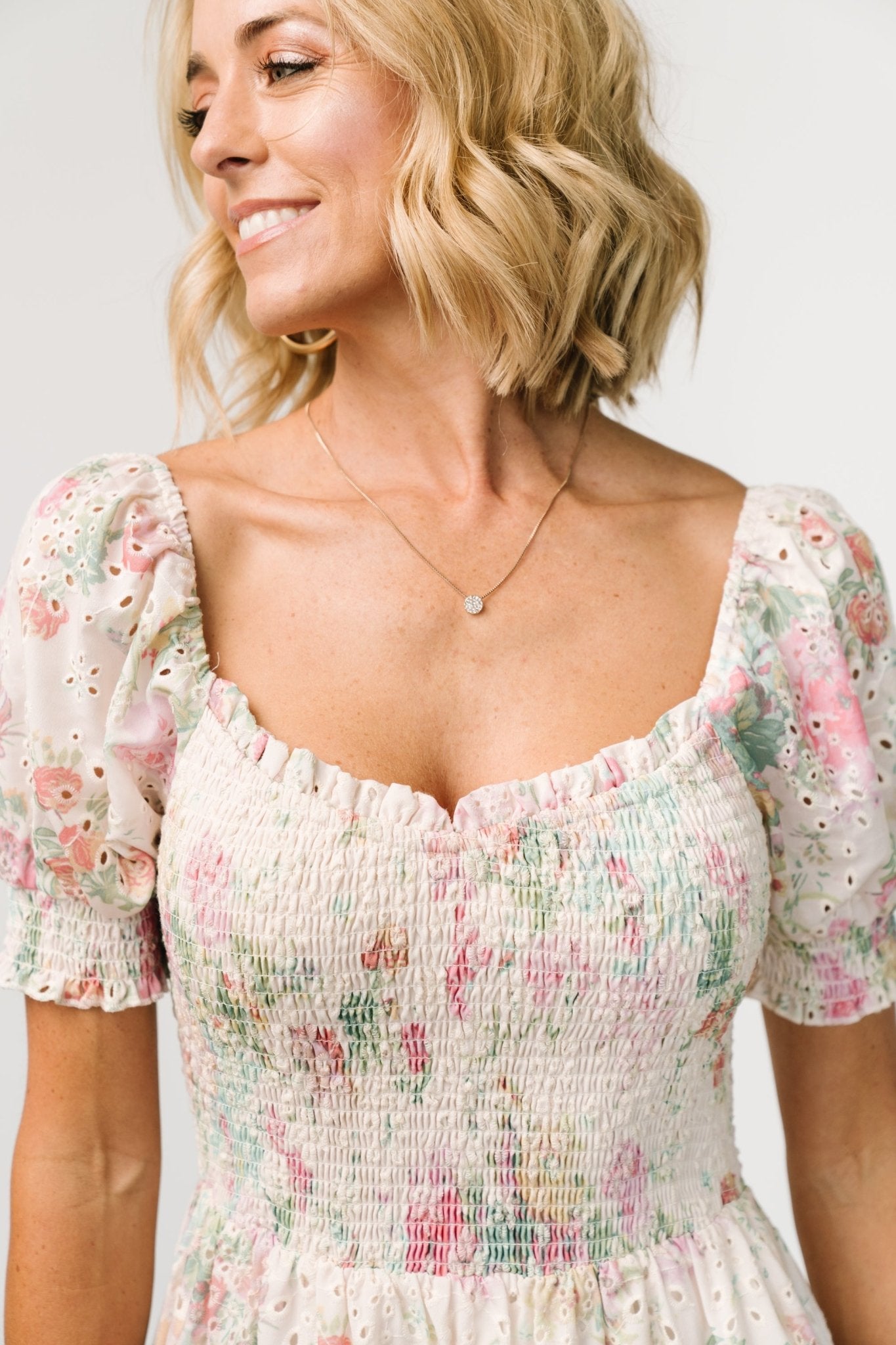 Vintage Floral Eyelet Midi Dress with Smocked Bodice | Baltic Born