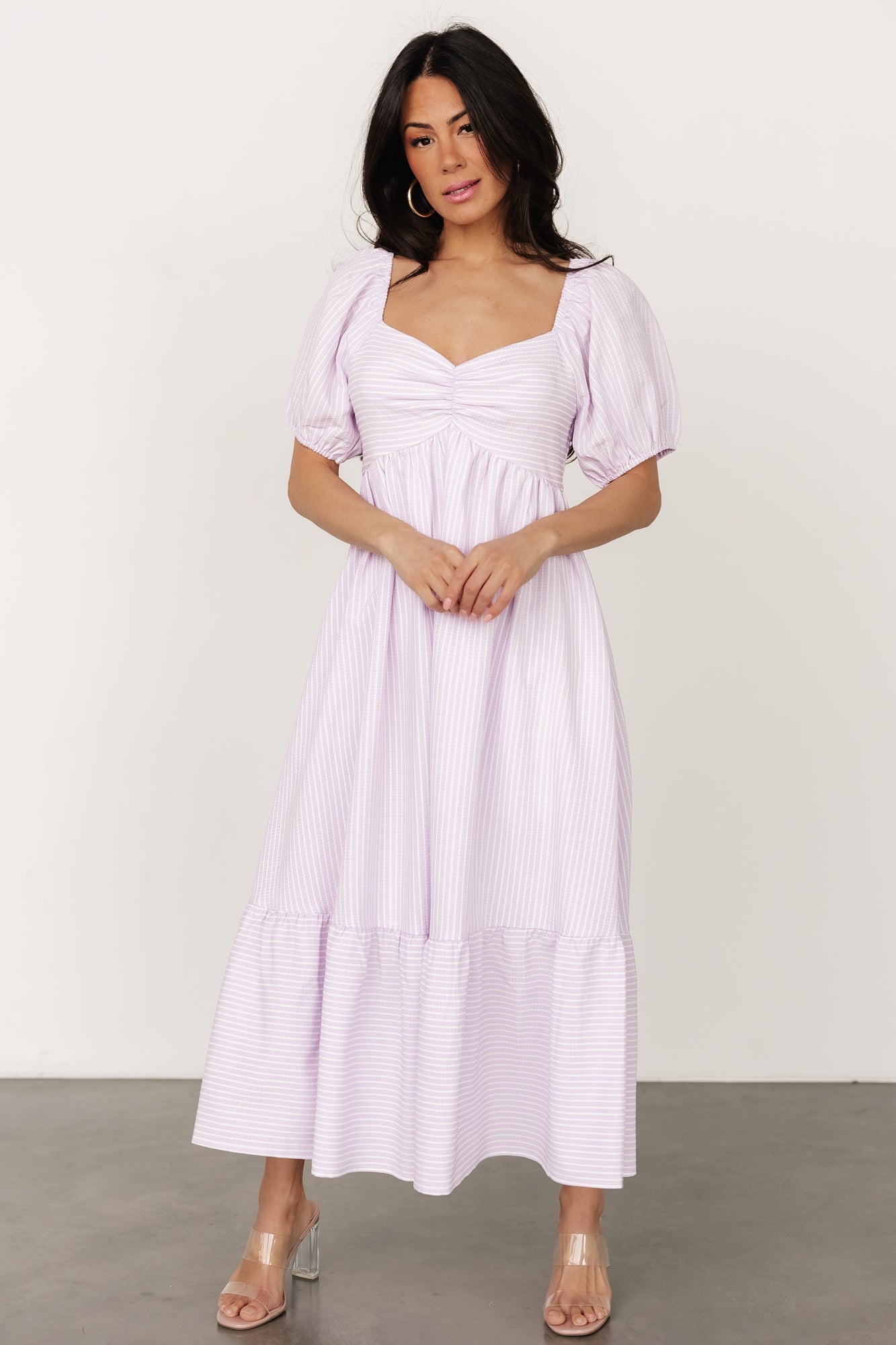 Lavender & Off White Poppy Midi Dress with Sweetheart Neckline & Pockets | Baltic Born