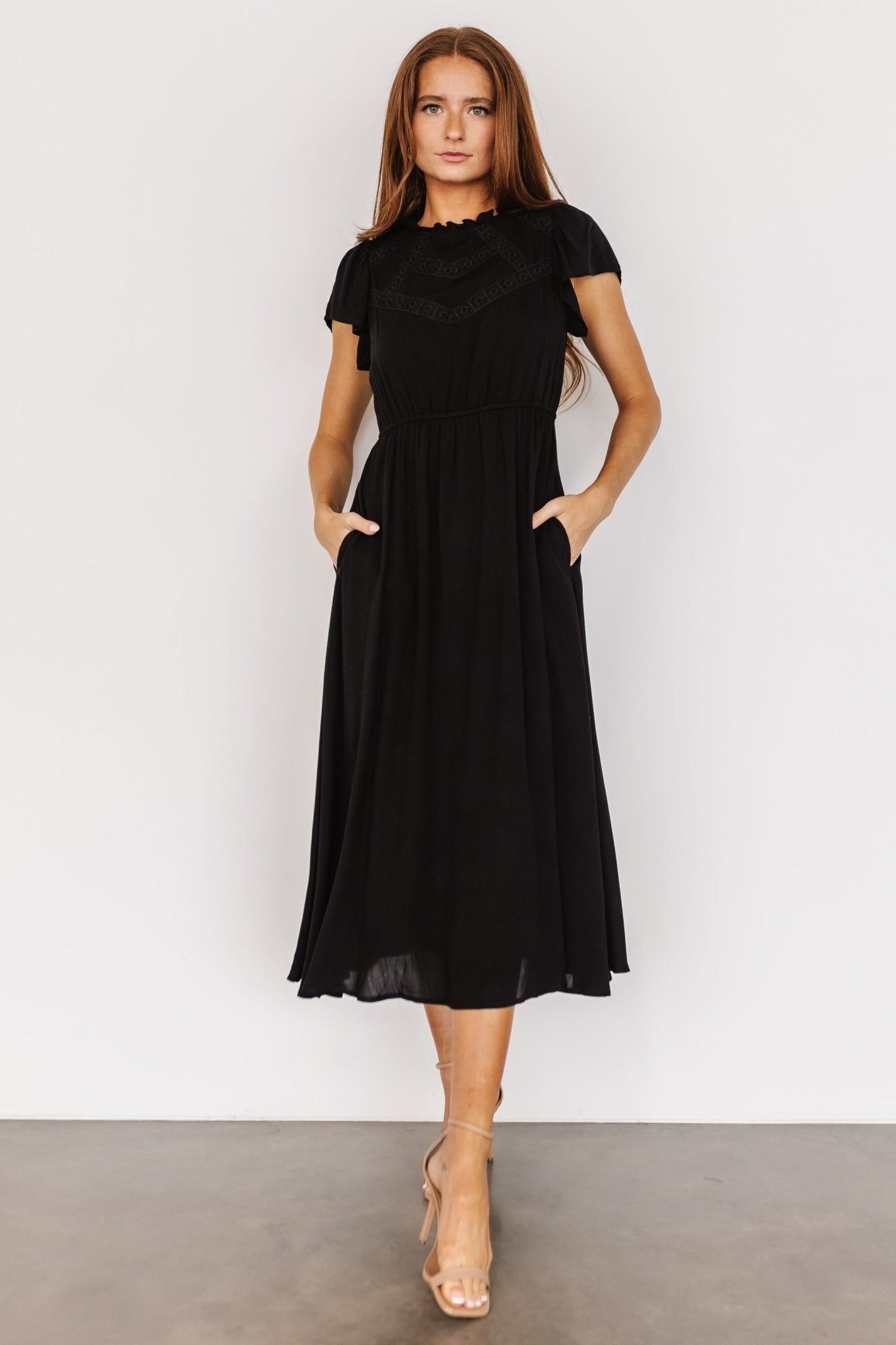 Black Midi Dress with Lace Detail & Side Pockets | Prestyn