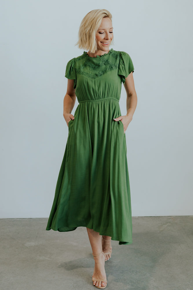 Green Midi Dress with Eyelet Lace & Pockets | Prestyn