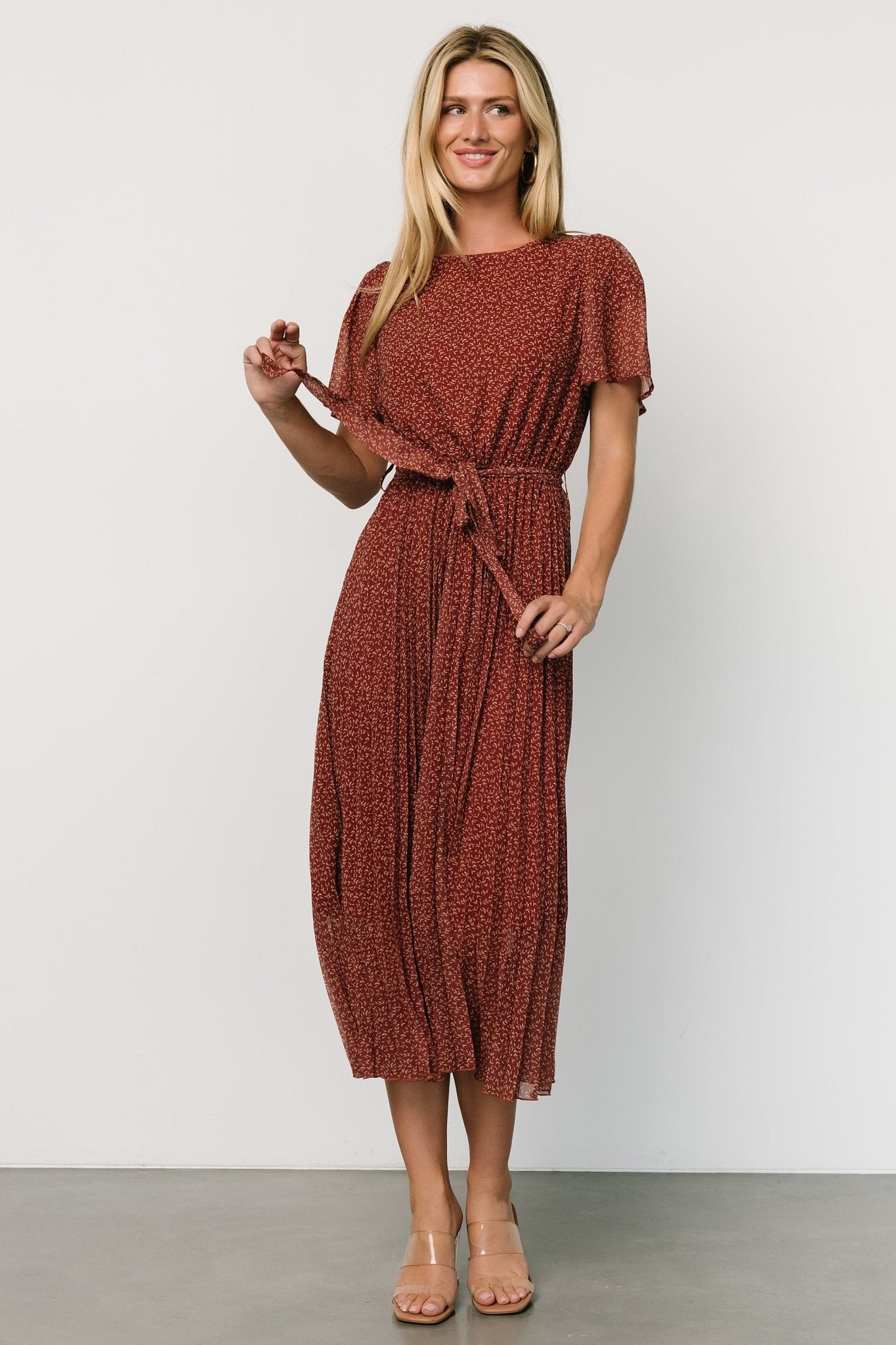 Flowy Chiffon Pleated Dress with Waist Tie | Baltic Born