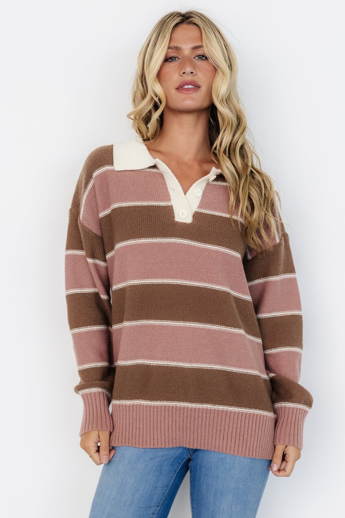 Striped Sweater with Notched V-Neck & Oversized Fit | Priya