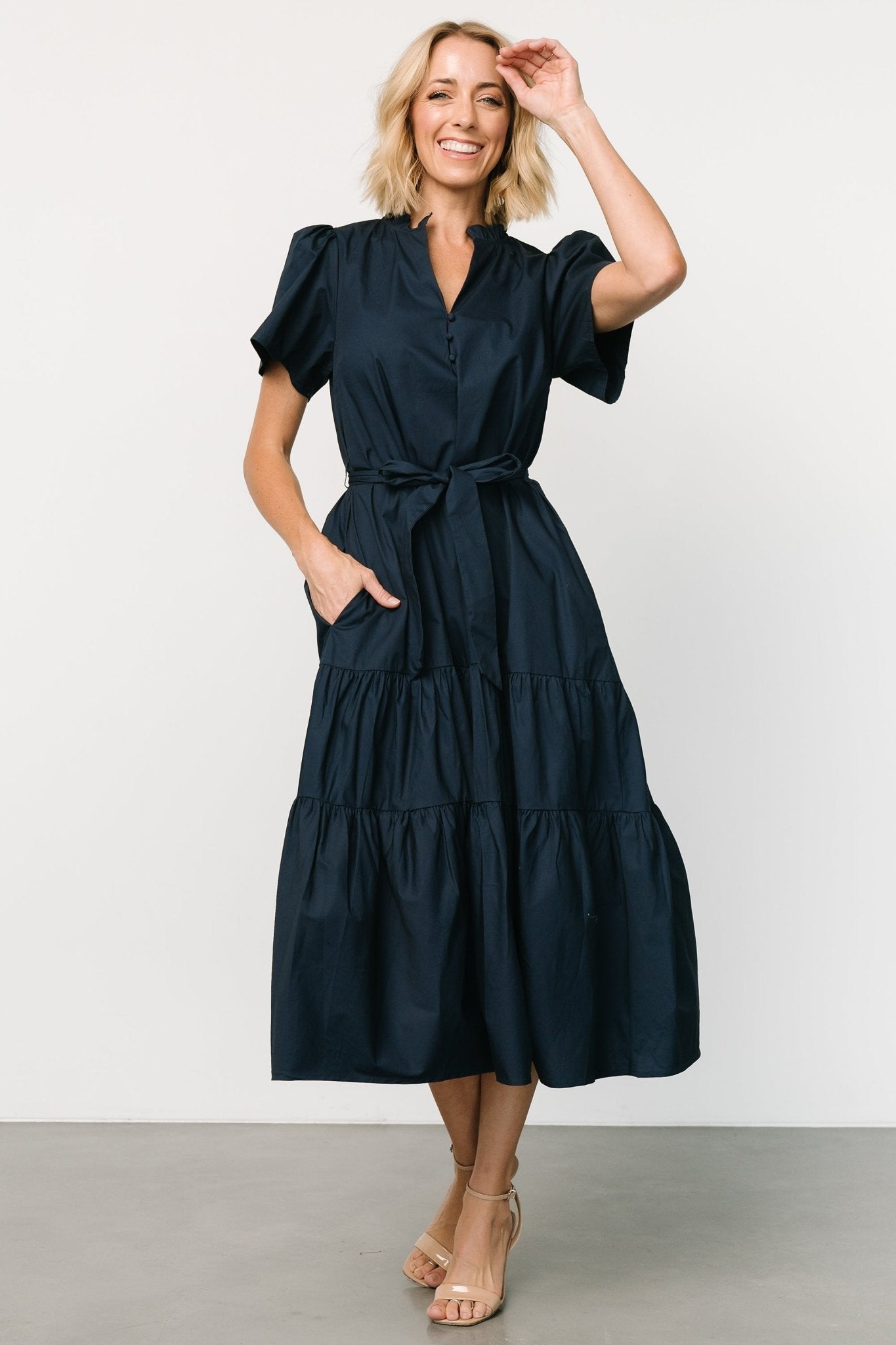 Navy Cotton Poplin Dress with V-Neck & Pockets | Providence