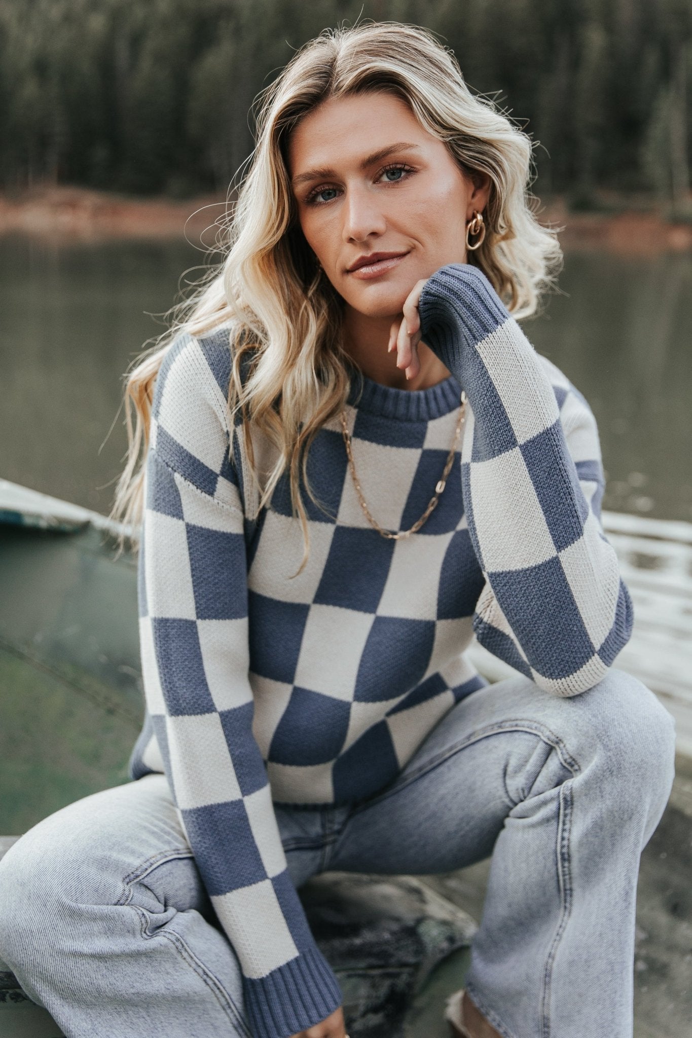 Blue Checkered Sweater for Women | Cozy Cotton-Blend | Quincy