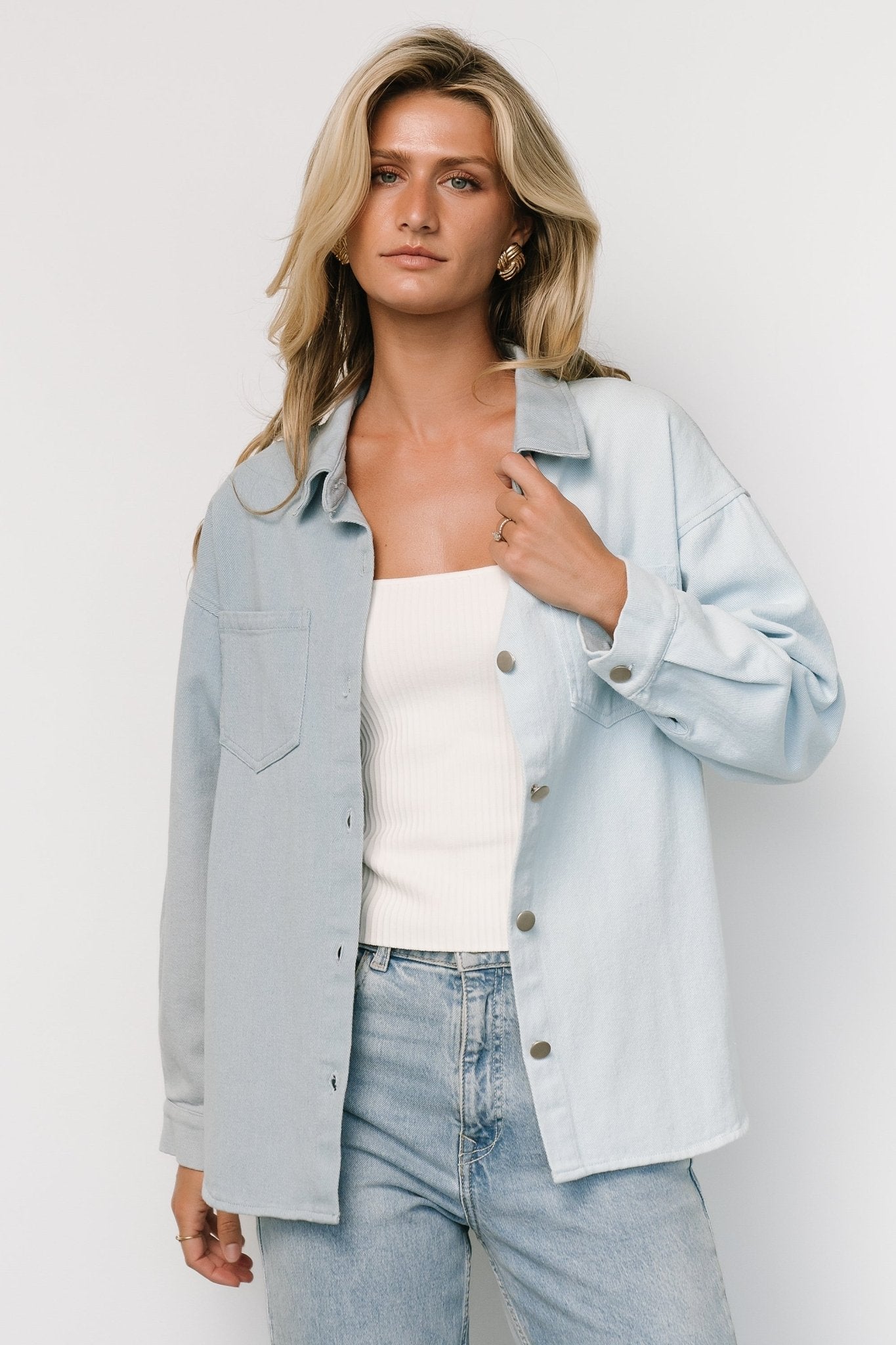 Denim Shacket for Women | Two-Tone Blue Collared Jacket | Baltic Born