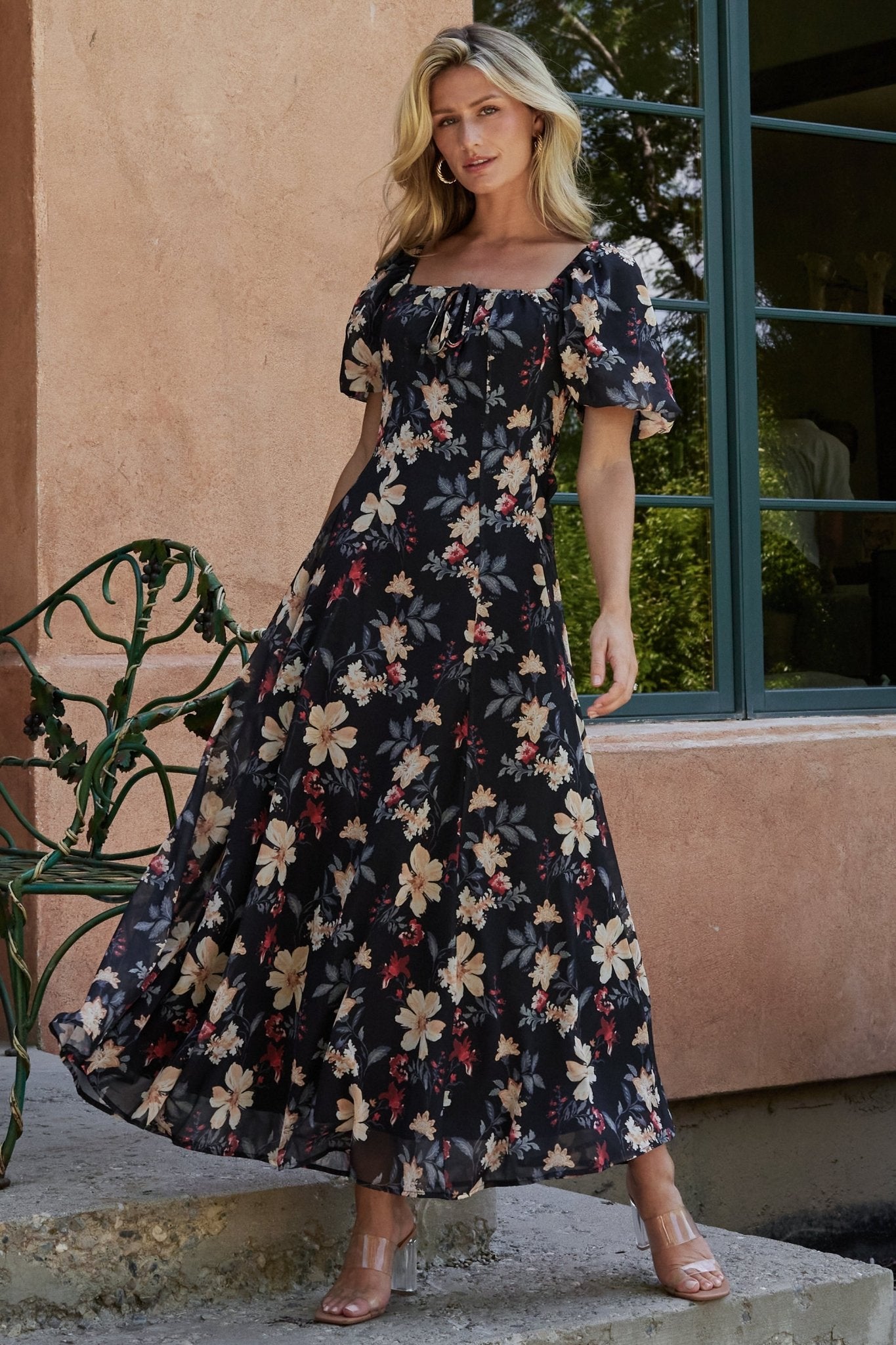 Floral Maxi Dress with Square Neckline & Puff Sleeves | Raelynn