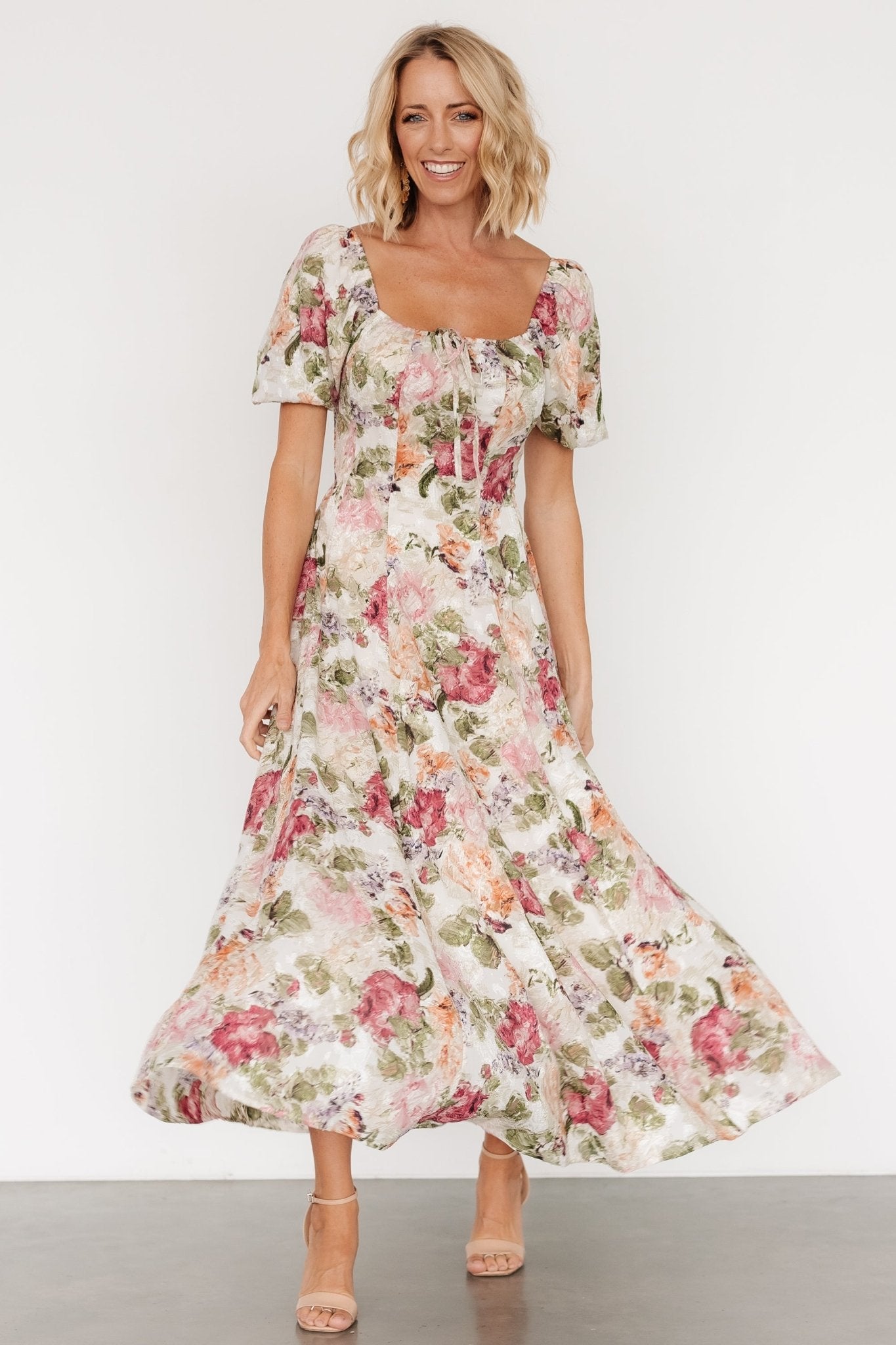 Vintage Floral Maxi Dress with Square Neck & Puff Sleeves | Raelynn