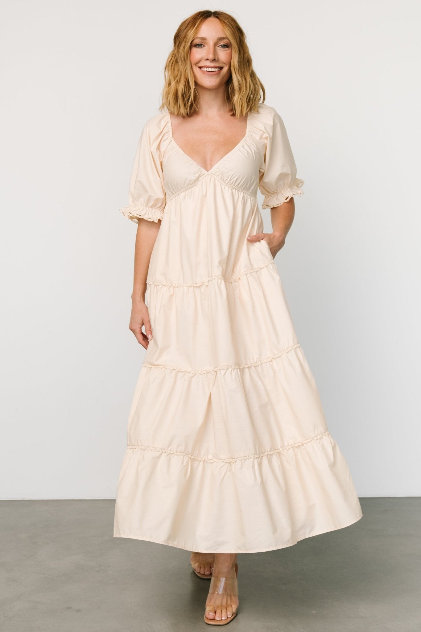 Cream V-Neck Maxi Dress with Ruffle Sleeves | Raleigh