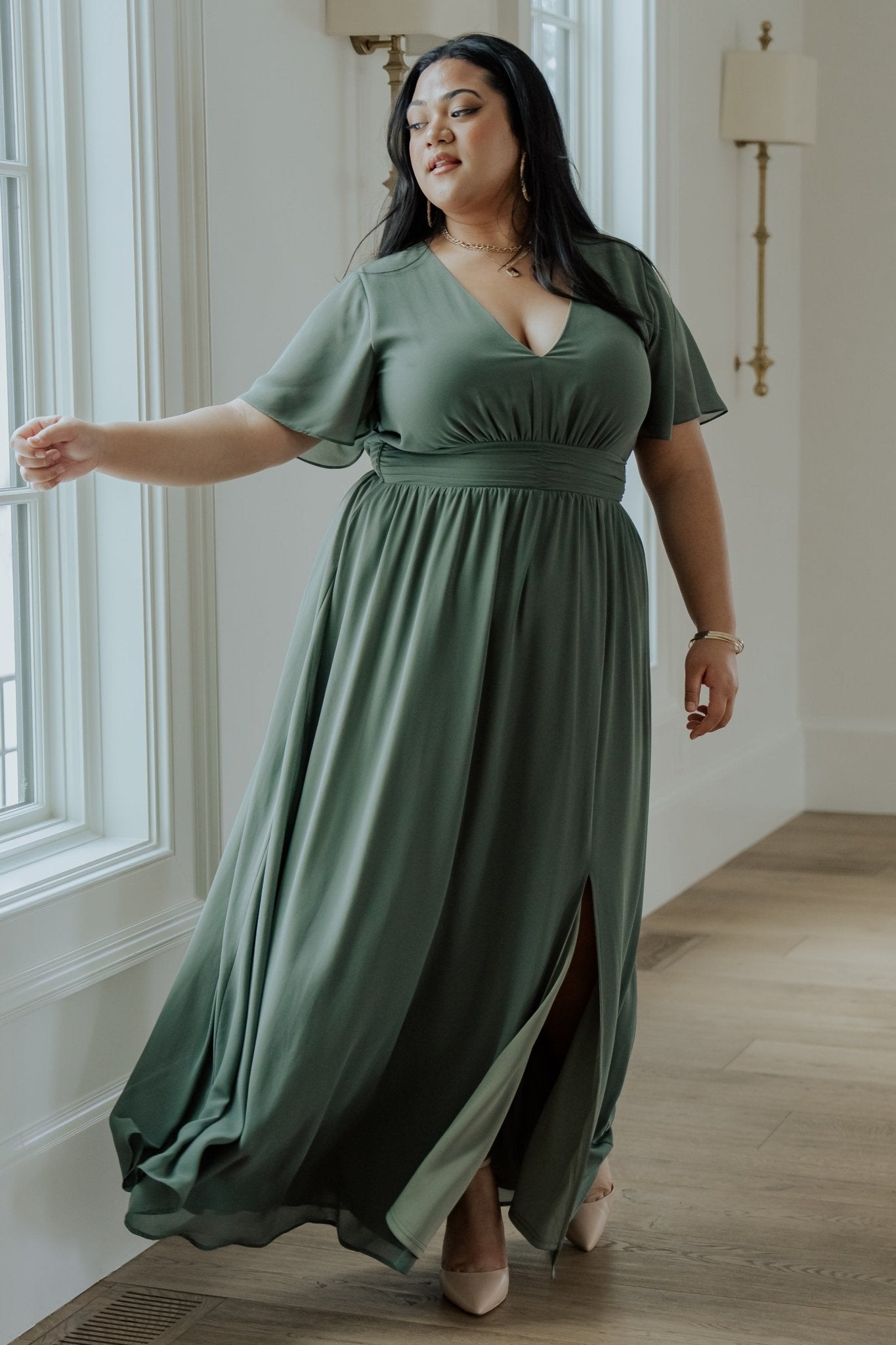 Dark Sage Maxi Dress with V-Neck & Flutter Sleeves | Baltic Born