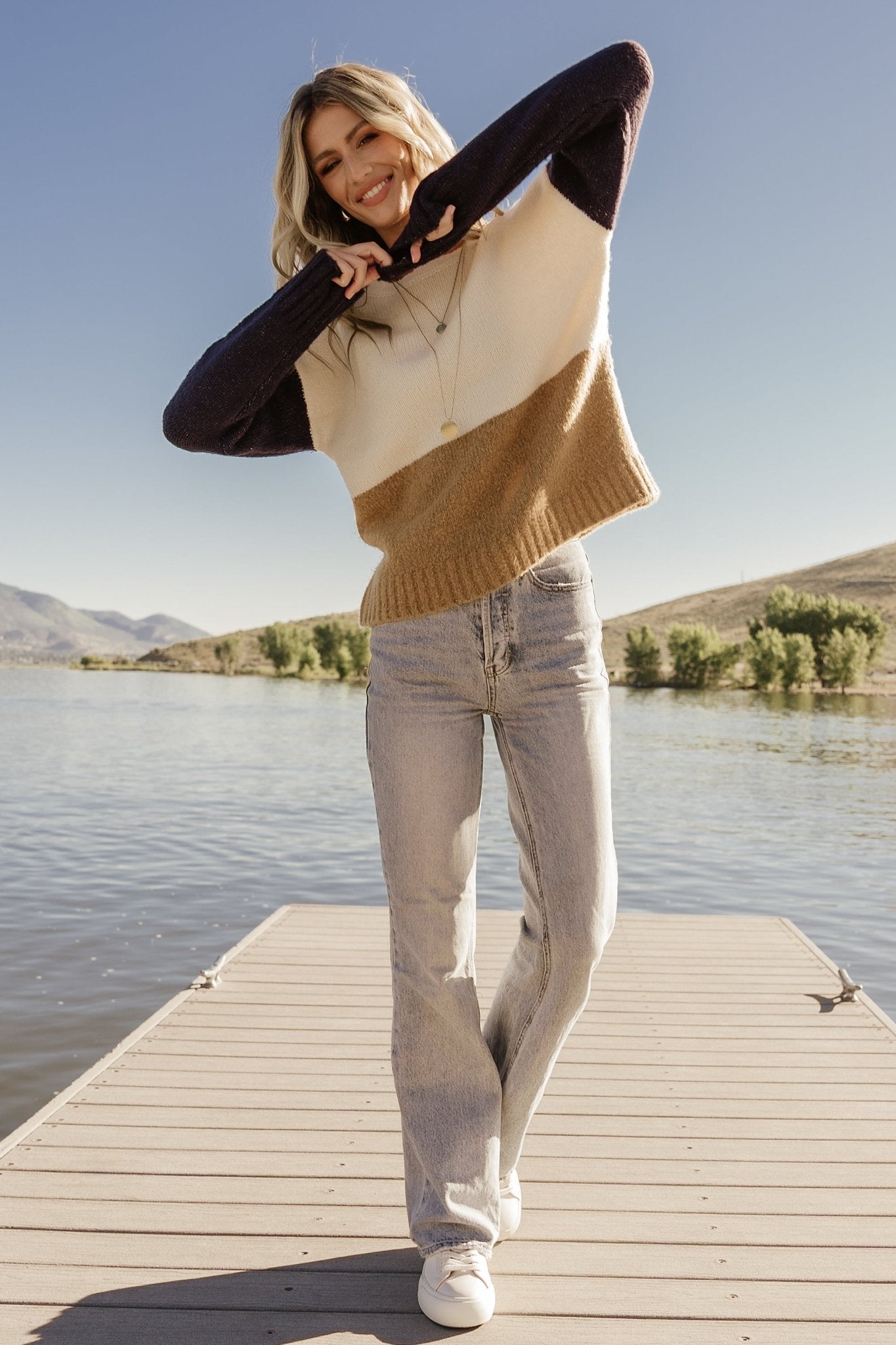 Color Block Knit Sweater with Ribbed Details | Randi Cream & Navy