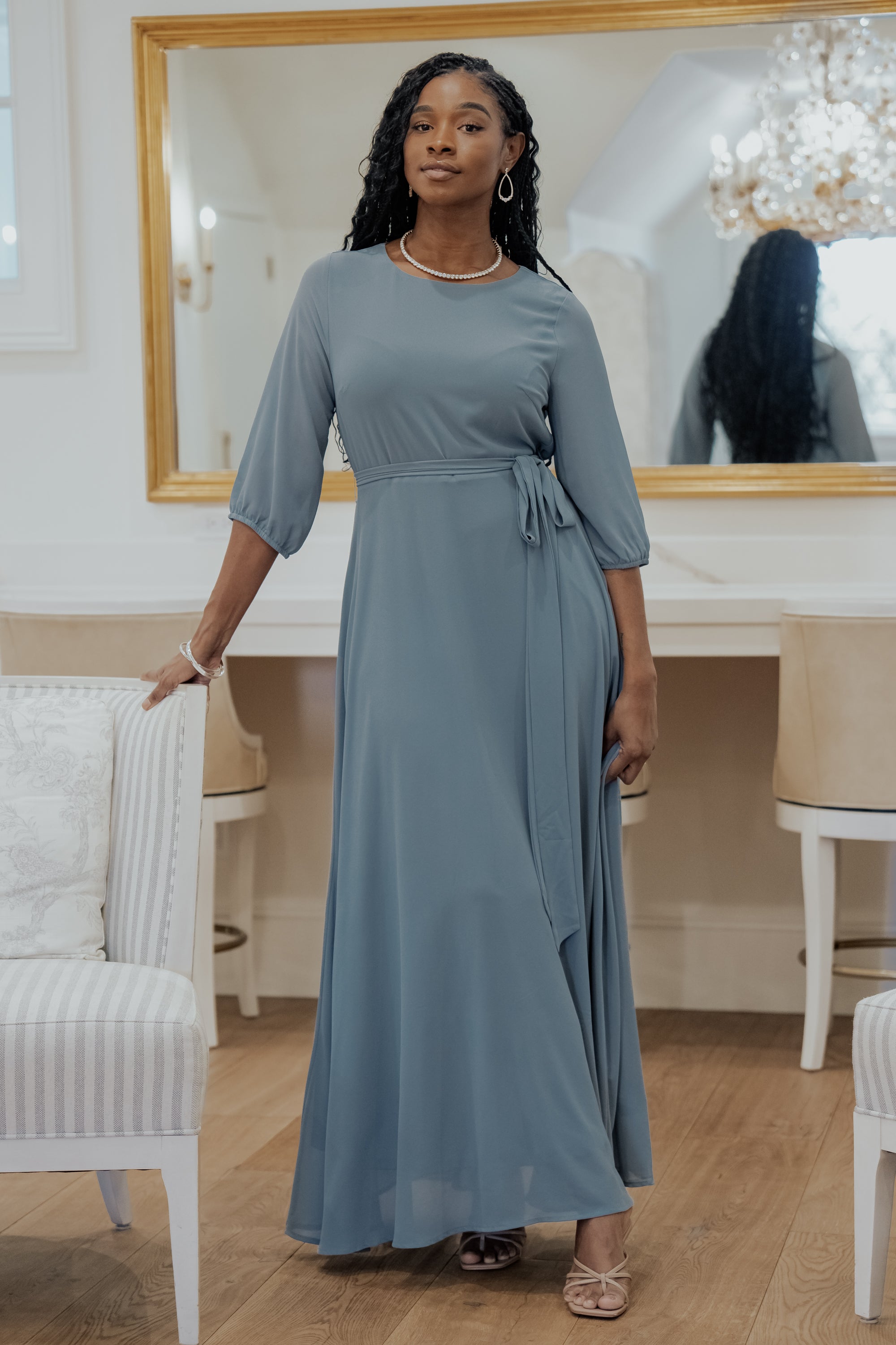 Dusty Blue Maxi Dress with Elastic Waist & Removable Belt | Baltic Born