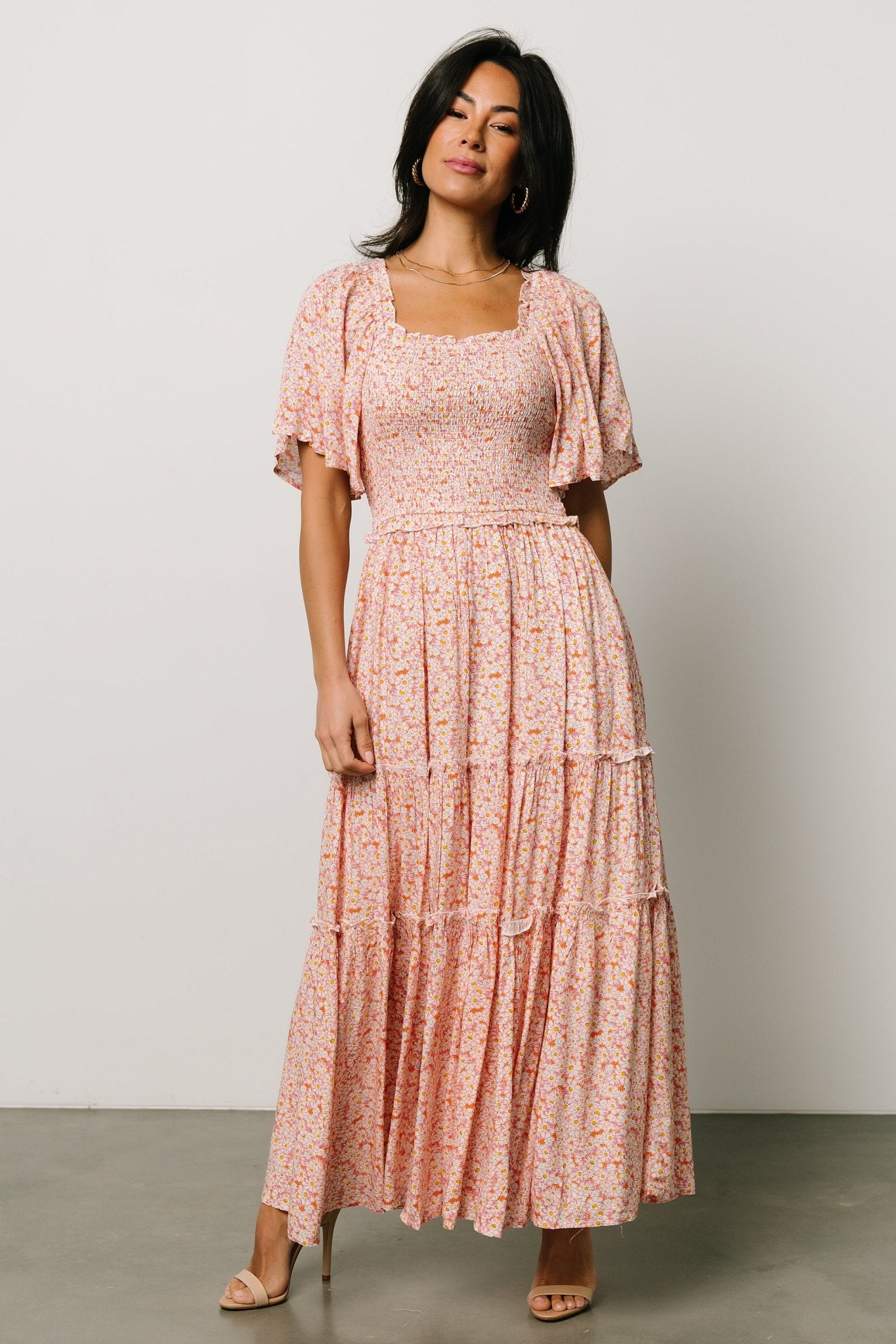 Floral Smocked Maxi Dress with Ruffled Sleeves | Regina Coral