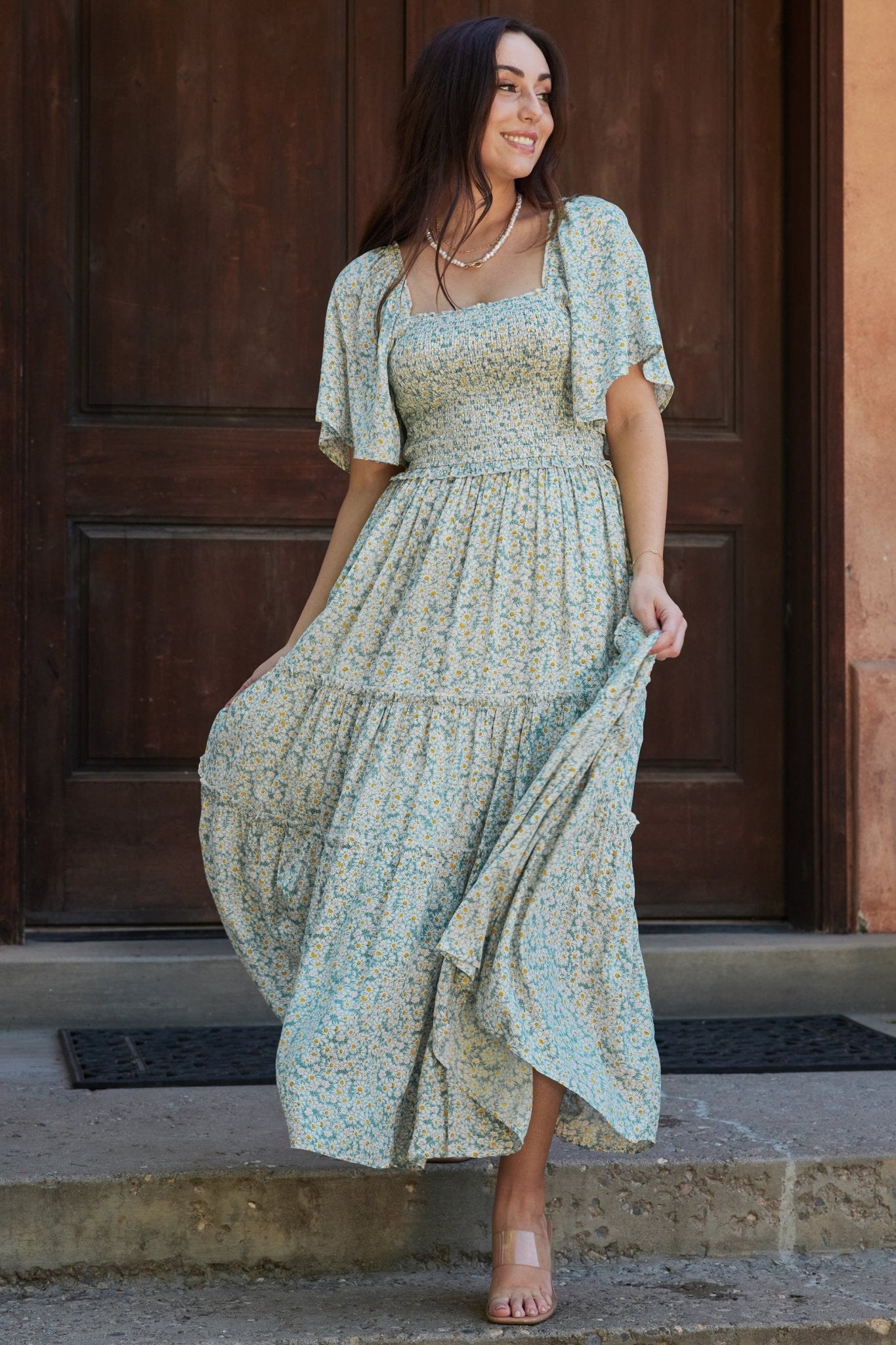 Green Floral Smocked Maxi Dress with Ruffle Sleeves | Baltic Born