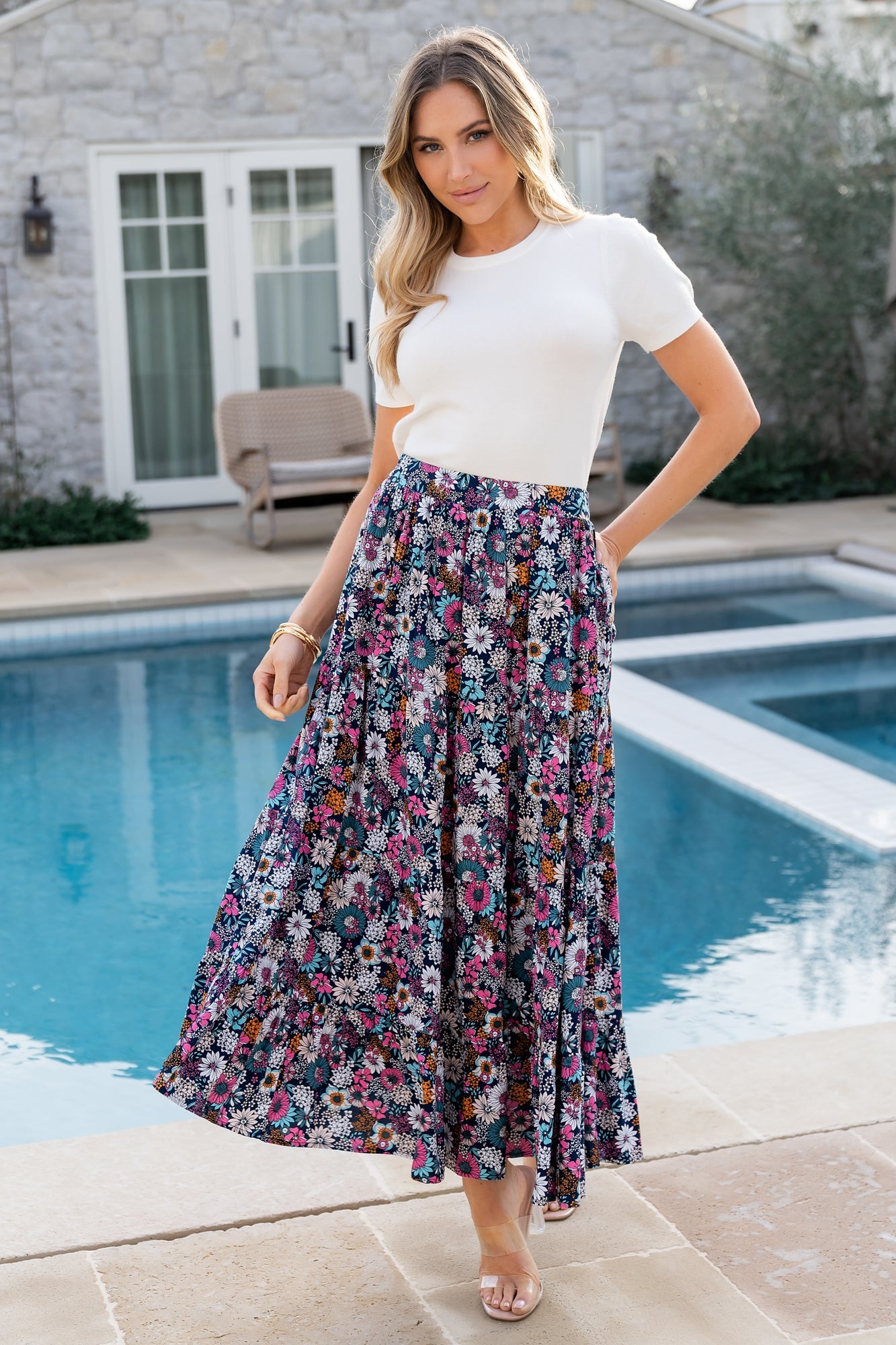 Floral Print Maxi Skirt with Pockets | Reilly Navy Blue