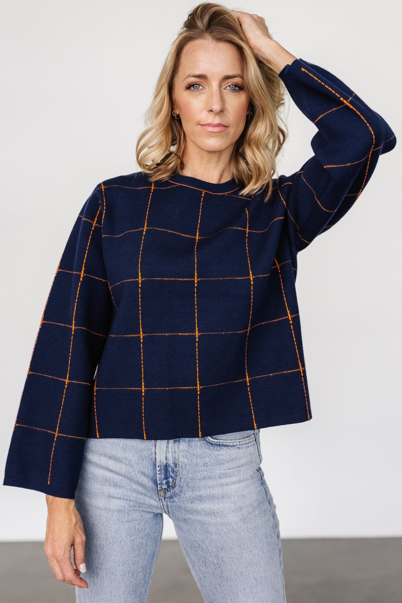 Navy & Orange Windowpane Sweater for Women | Baltic Born