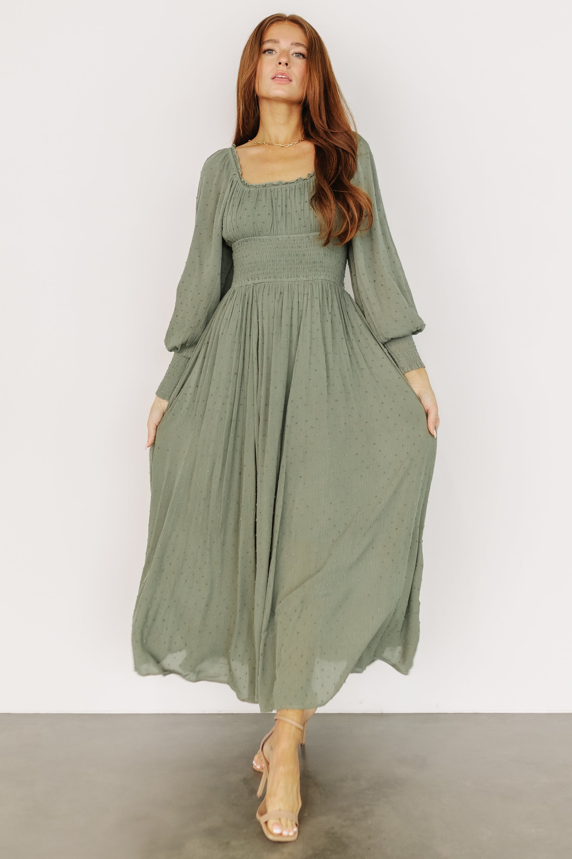 Flowy Maxi Dress with Smocked Bodice & Long Sleeves | Renata