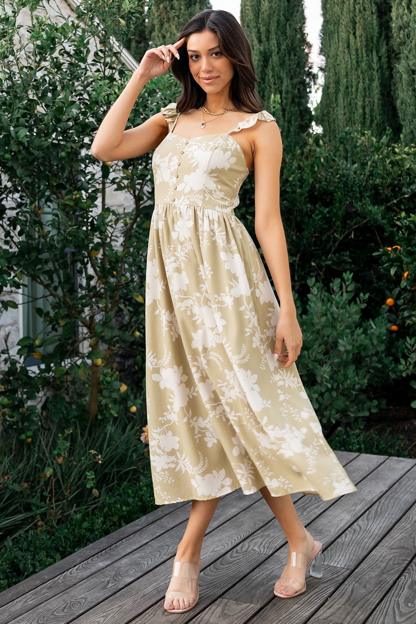 Vintage Sage Green Button Top Dress with Floral Print | Renna