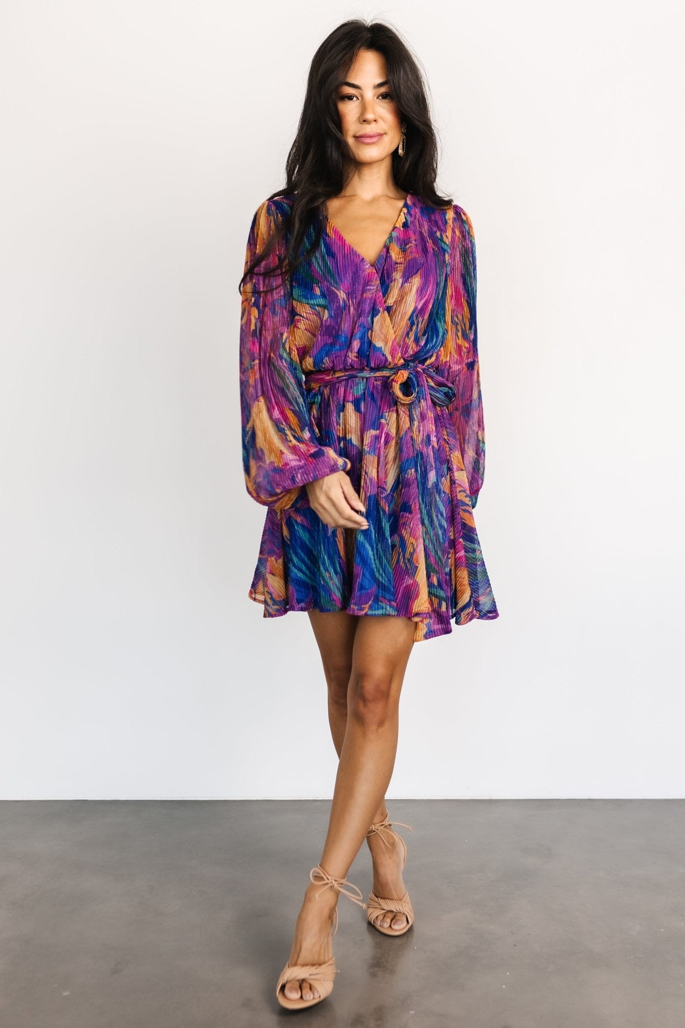Blue Multi Pleated Mini Dress with Crossover Neckline | Baltic Born