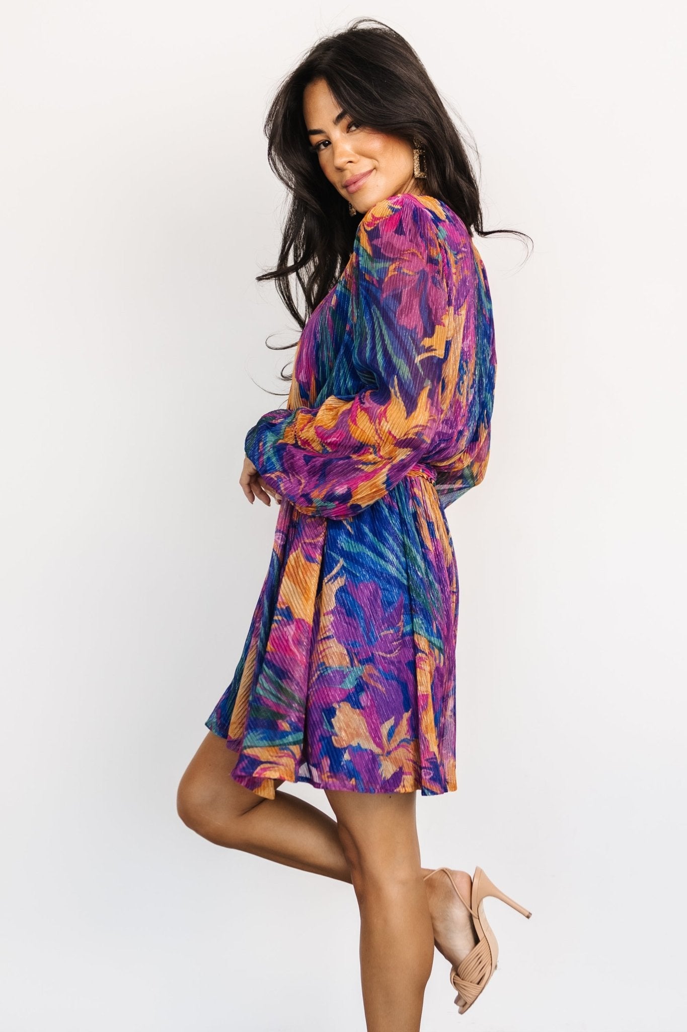 Blue Multi Pleated Mini Dress with Crossover Neckline | Baltic Born