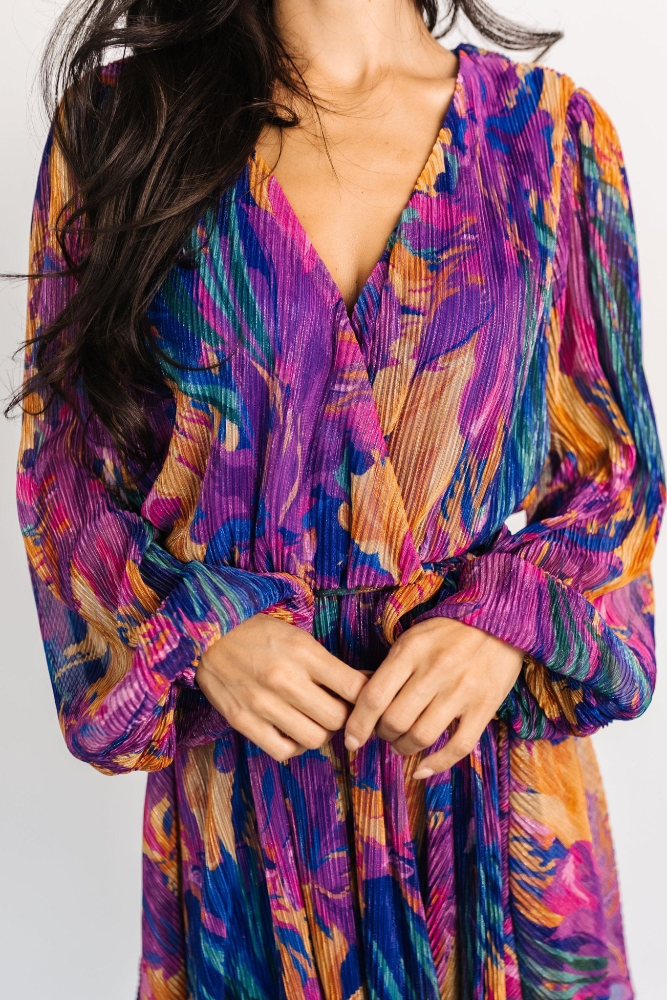 Blue Multi Pleated Mini Dress with Crossover Neckline | Baltic Born