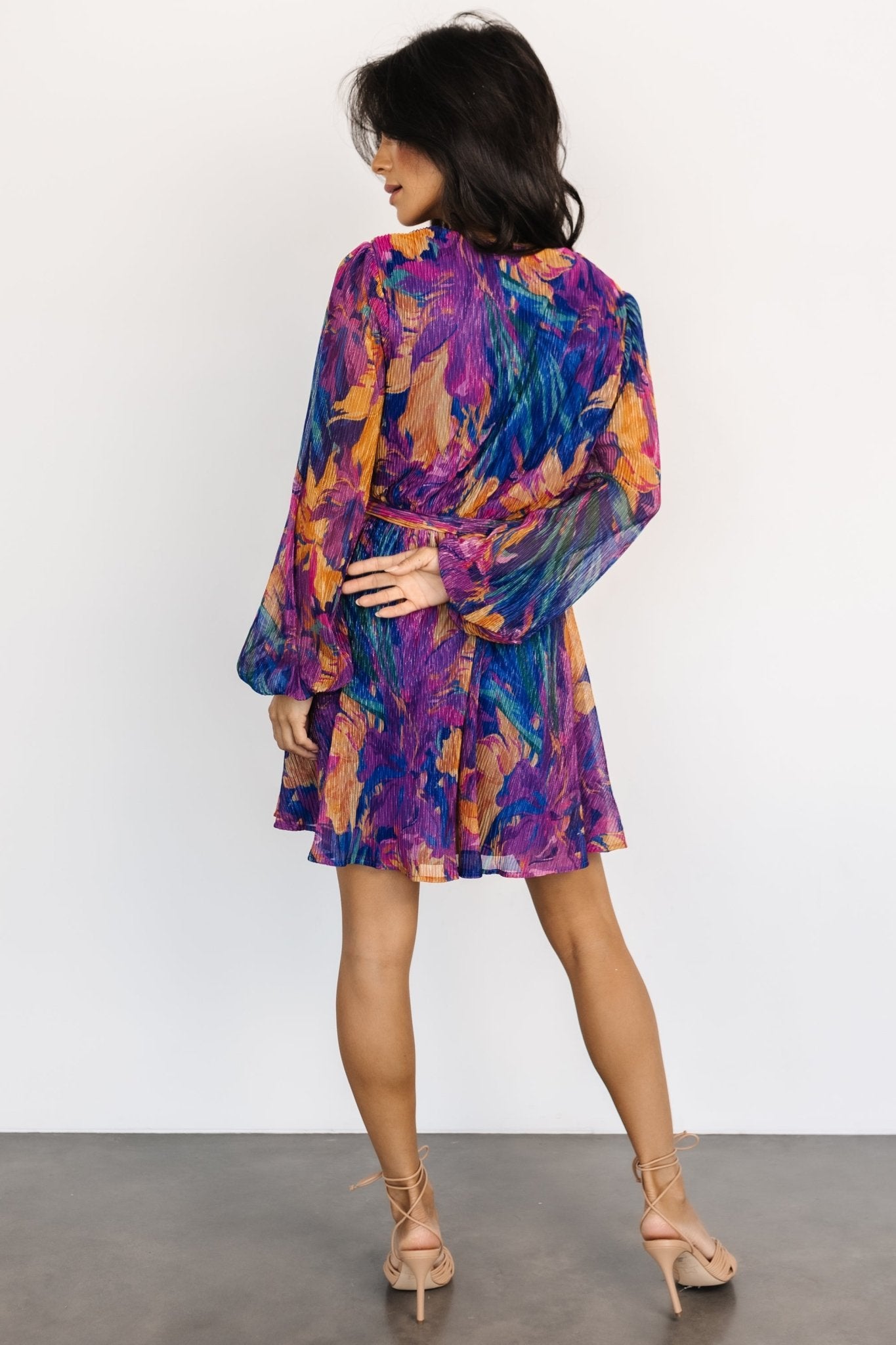Blue Multi Pleated Mini Dress with Crossover Neckline | Baltic Born