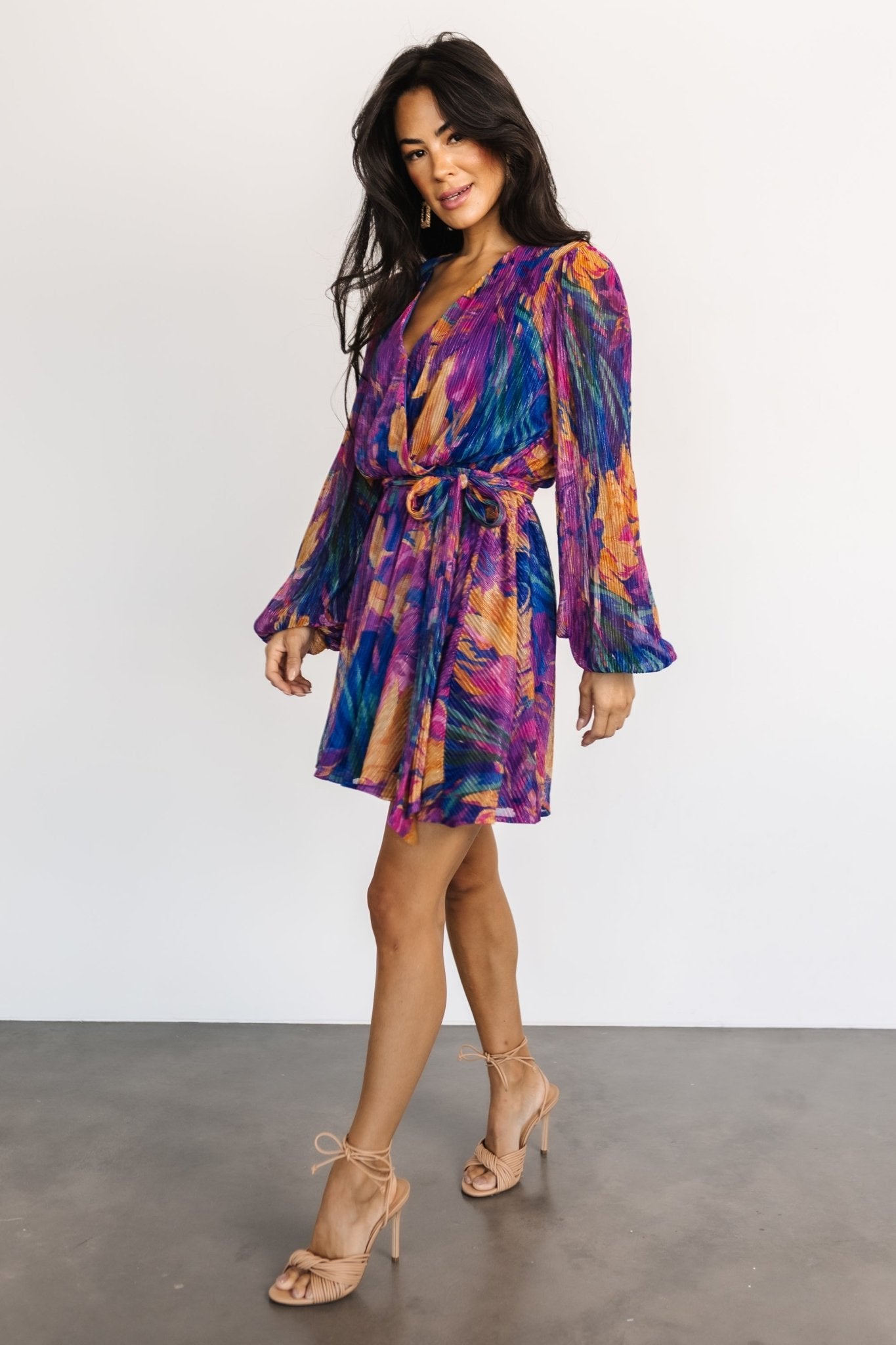 Blue Multi Pleated Mini Dress with Crossover Neckline | Baltic Born