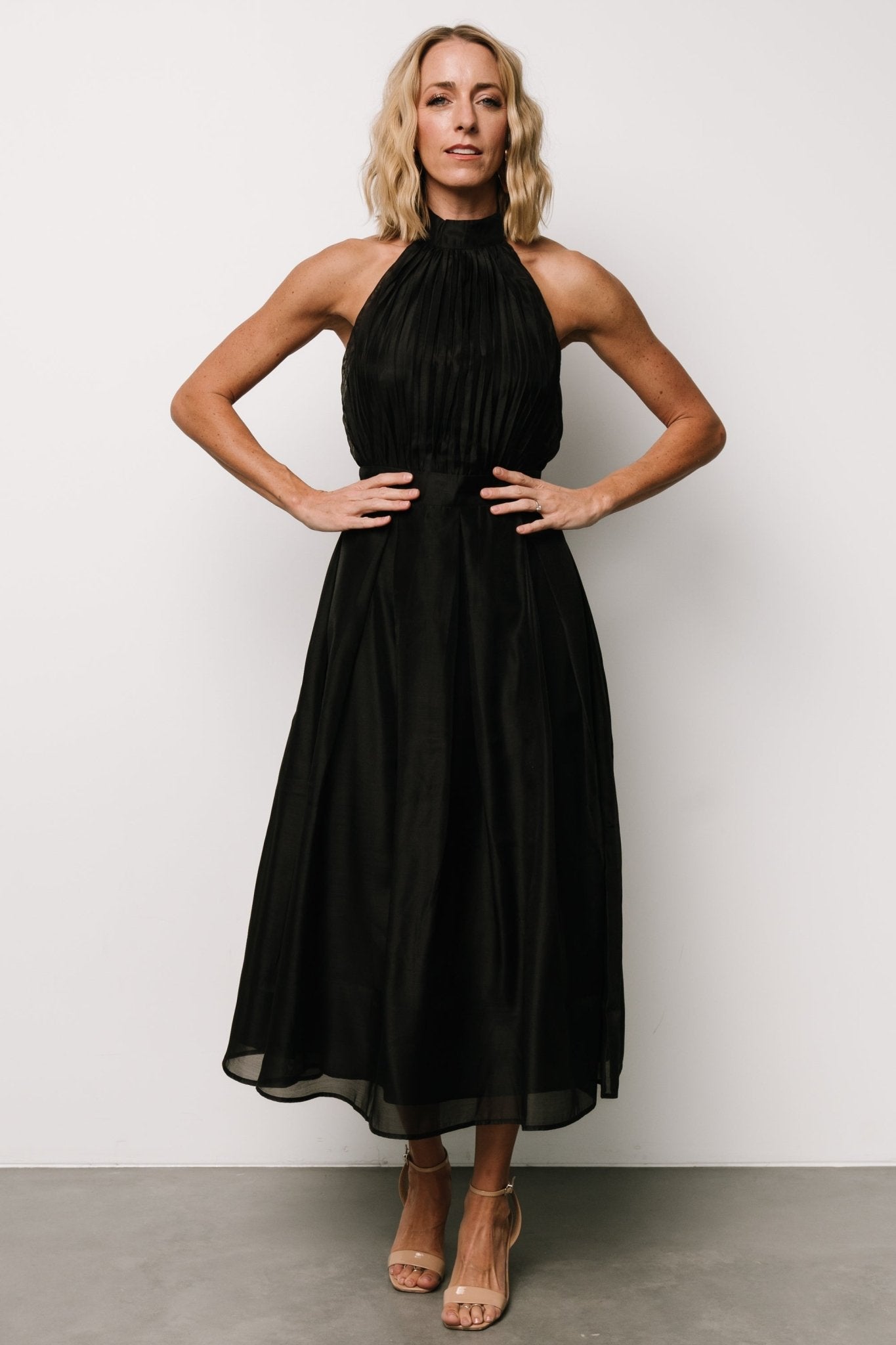 Black Pleated Halter Neck Dress with Open Back | Rheise