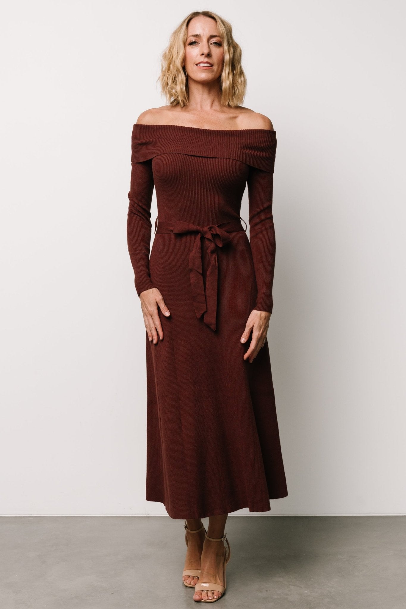 Off Shoulder Sweater Dress with Removable Sash | Rheta Mahogany