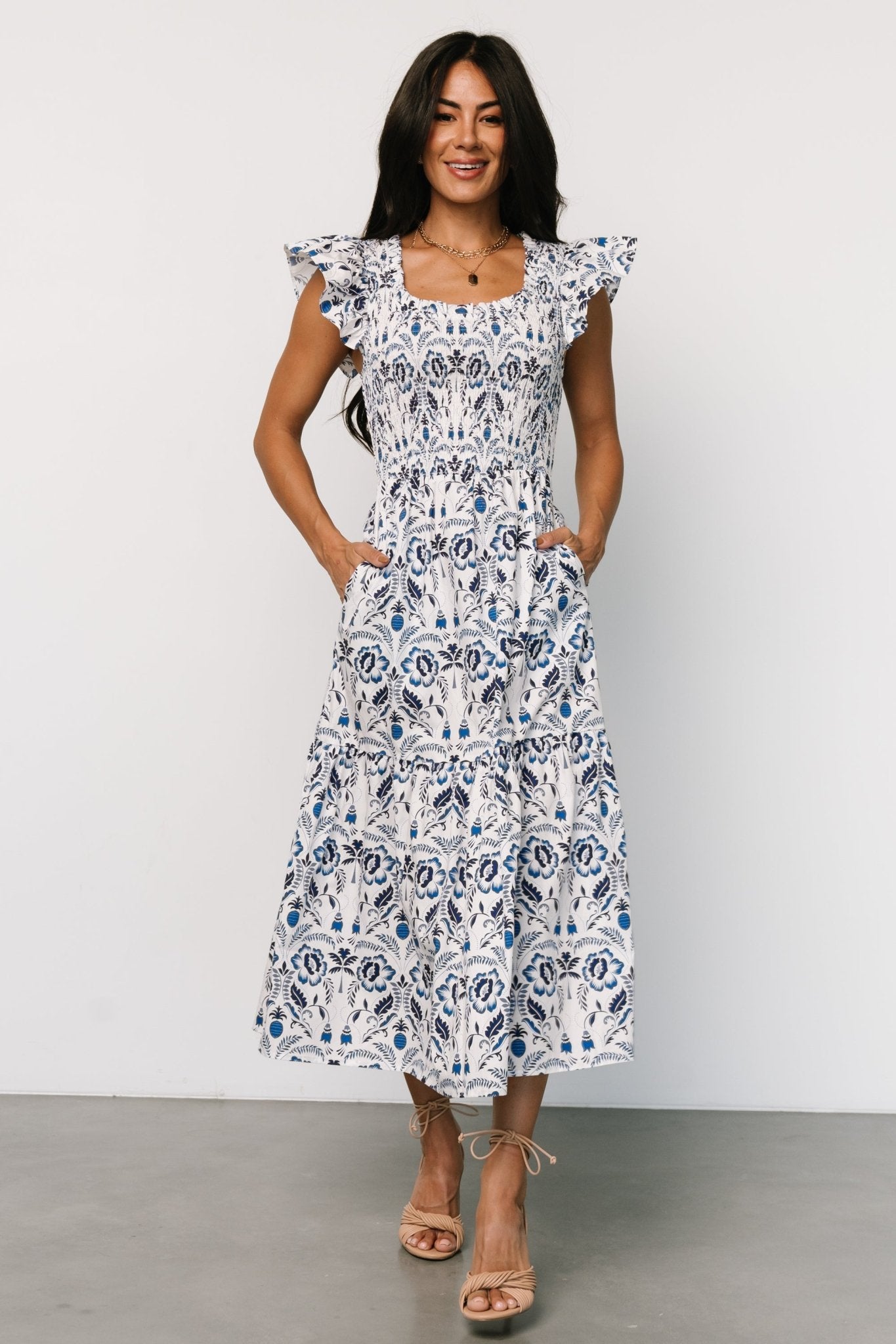 White & Blue Floral Smocked Dress with Pockets | Rhodes