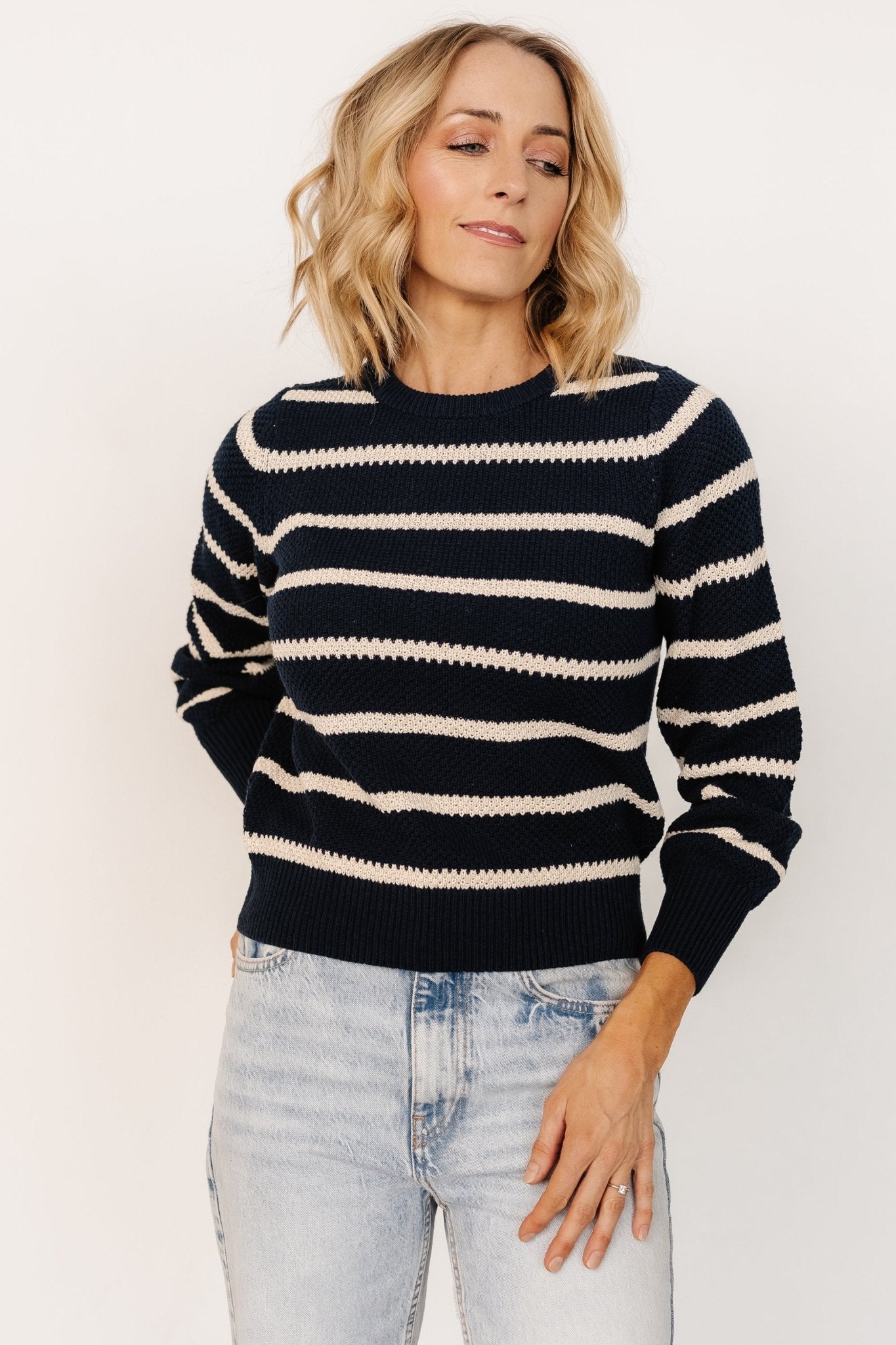 Striped Knit Sweater in Navy & Cream | Rianne Cotton-Blend