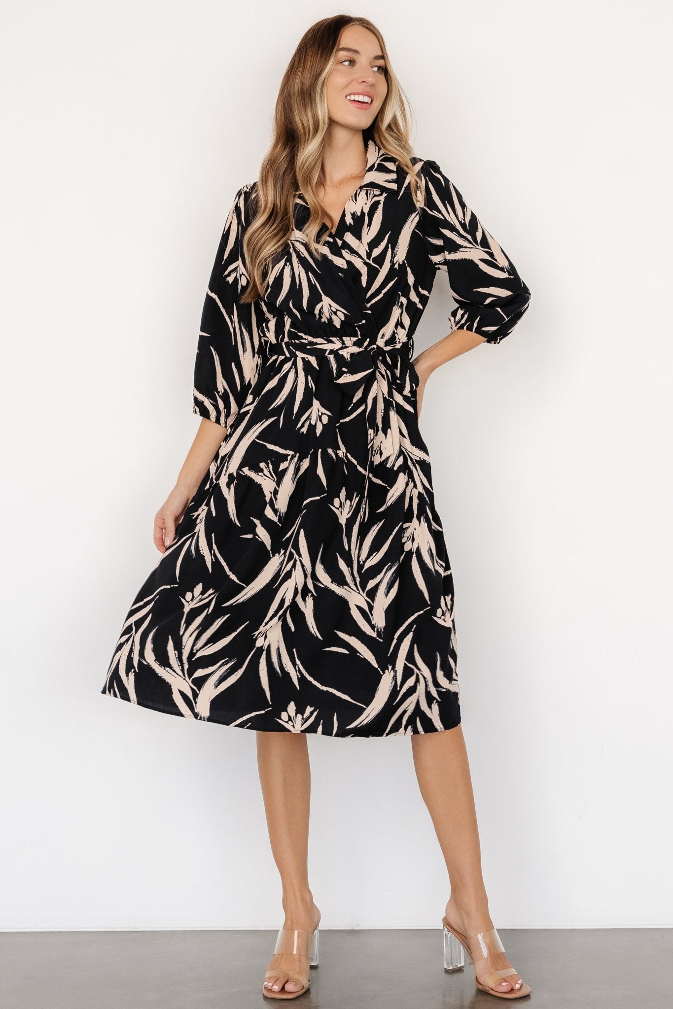 Navy & Taupe Surplice Midi Dress with Removable Belt | Baltic Born