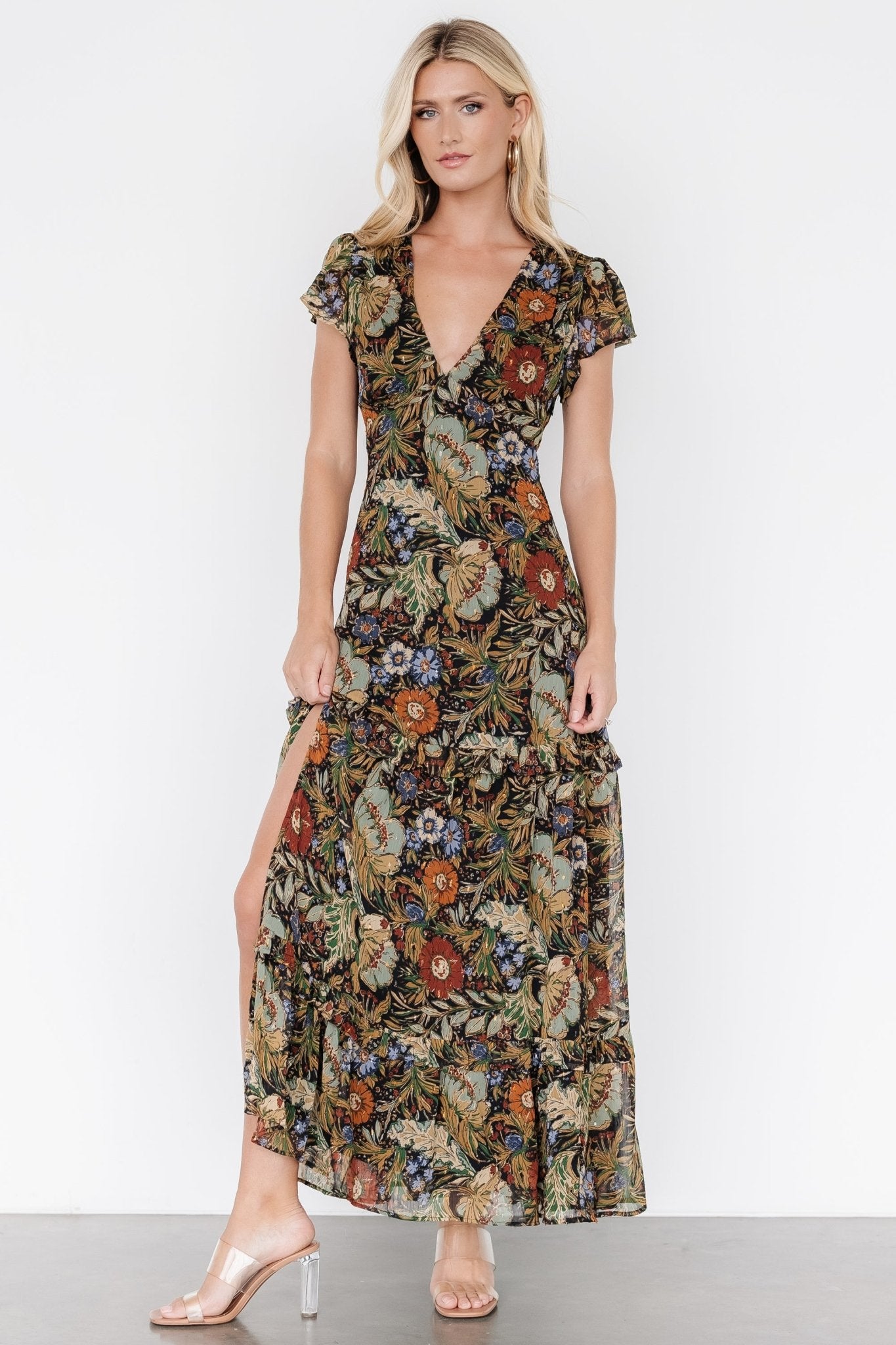 Floral V-Neck Maxi Dress with Ruffle Skirt & Slit | Riverwood